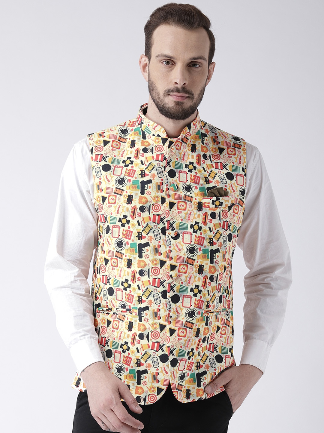 

Hangup Men White Woven Design Nehru Jacket