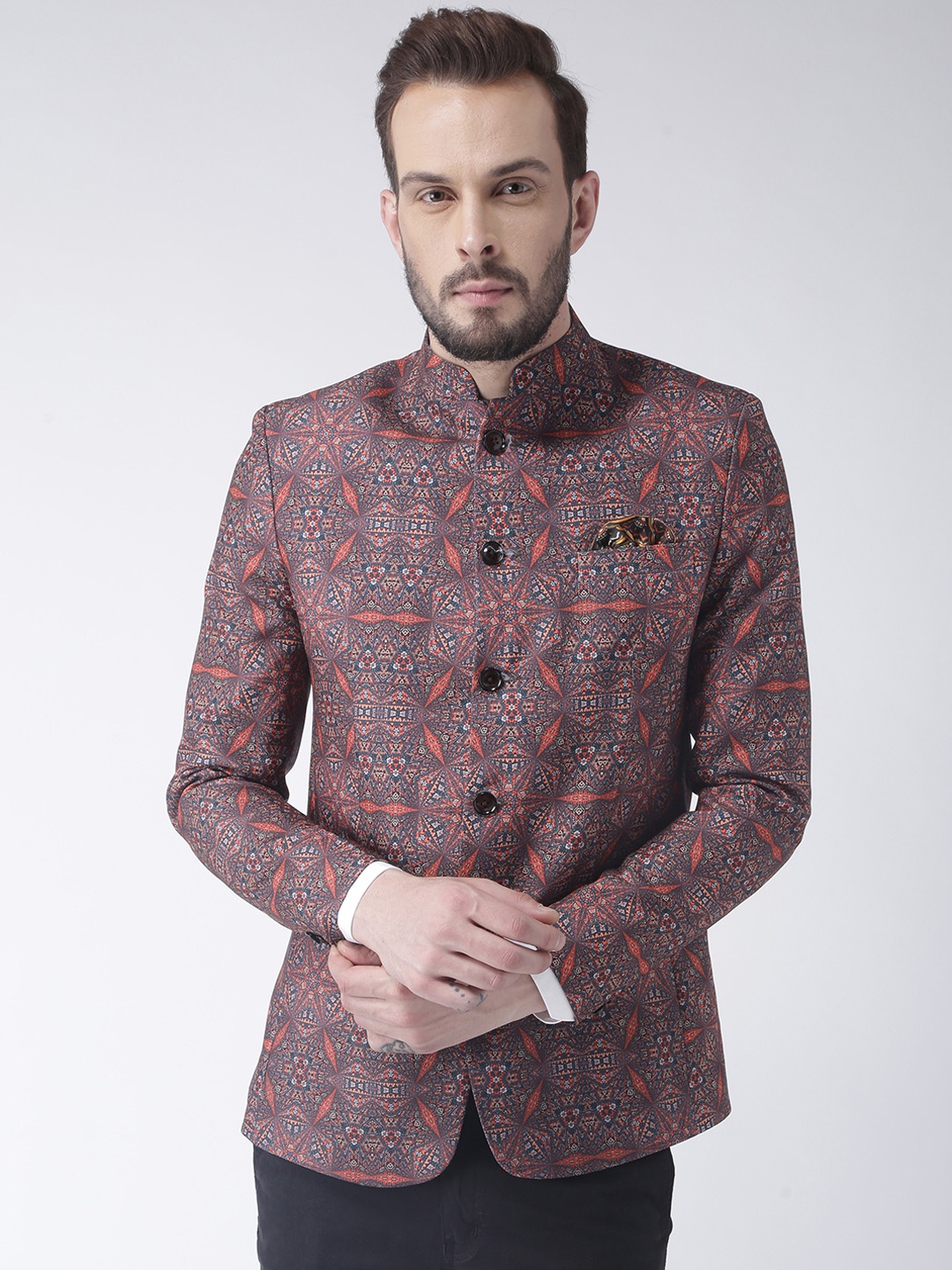 

Hangup Men Multicoloured Printed Single-Breasted Bandhgala Casual Blazer, Multi