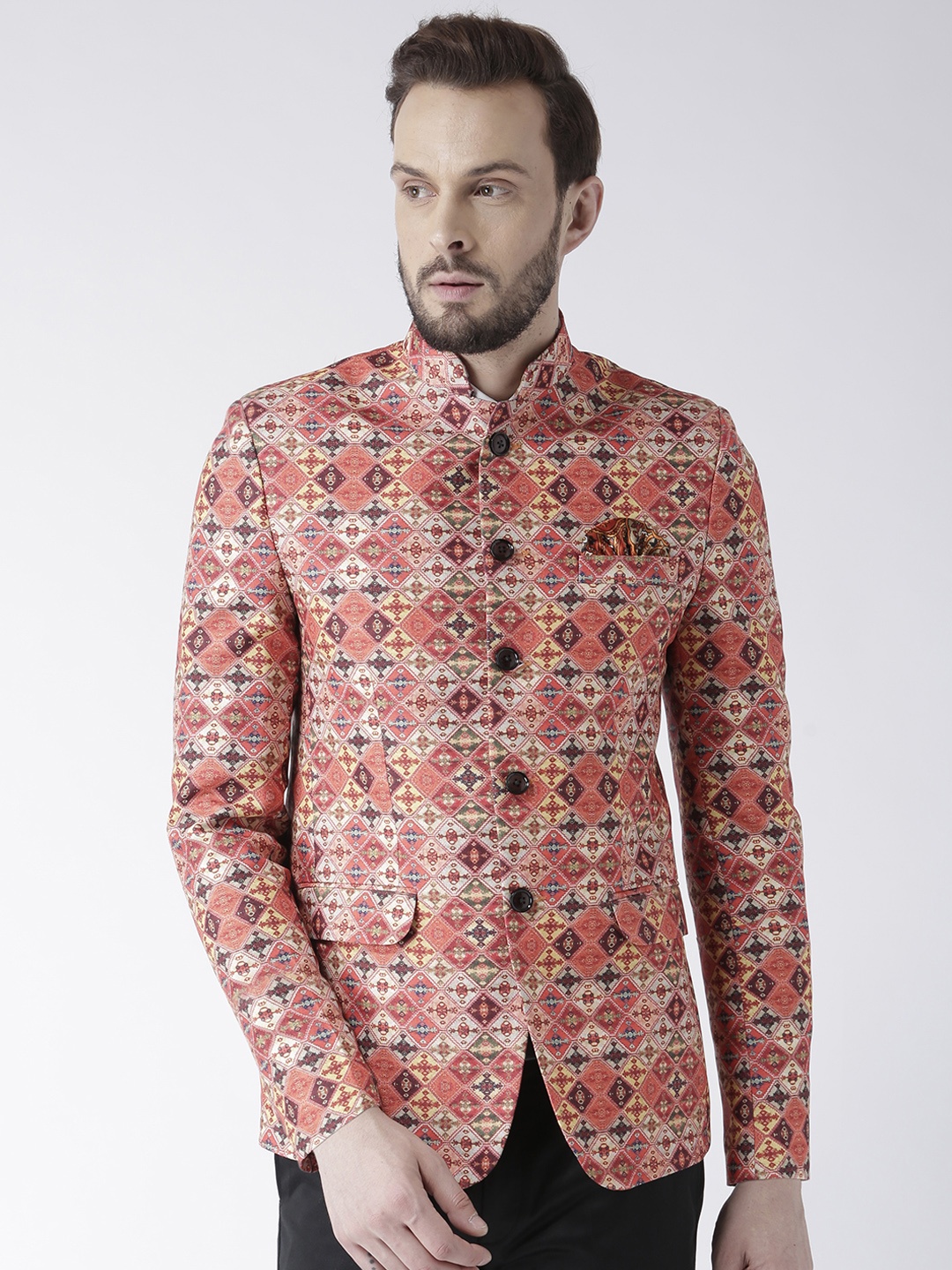 

Hangup Men Multicoloured Printed Single-Breasted Bandhgala Blazer, Multi