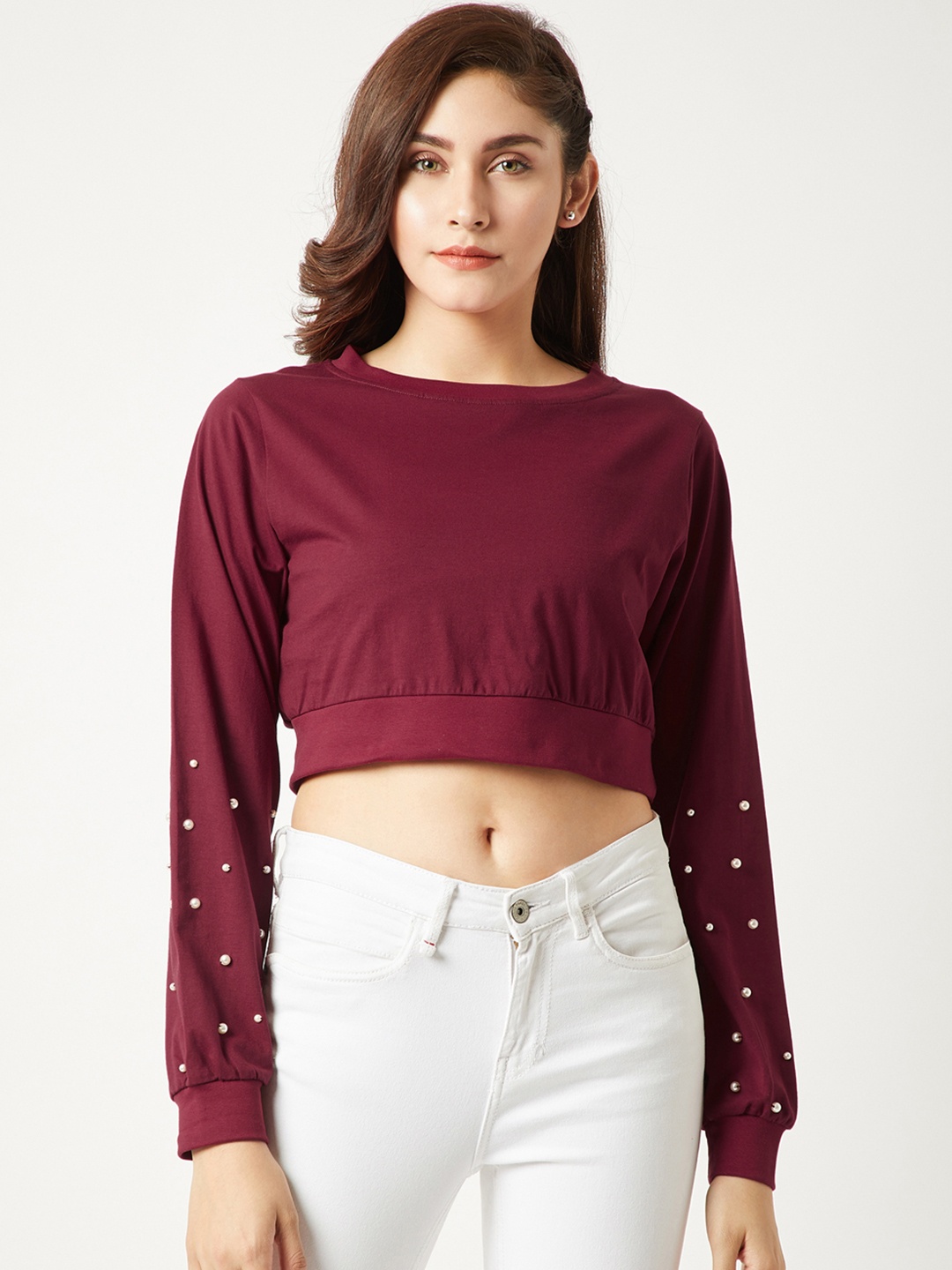 Miss Chase Women Maroon Solid Pure Cotton Top