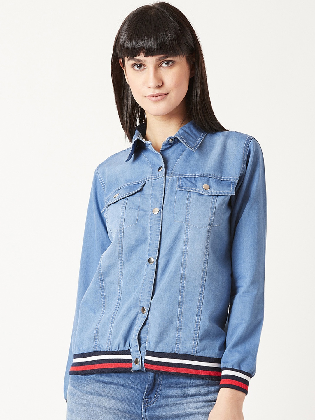 

Miss Chase Women Blue Solid Lightweight Denim Jacket
