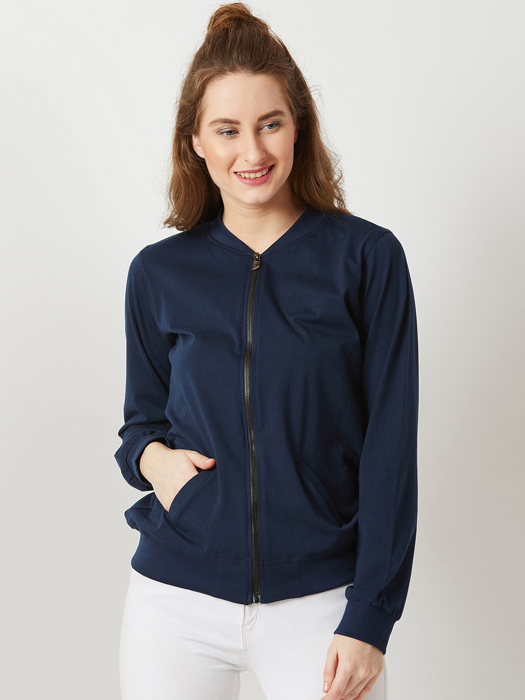 

Miss Chase Women Navy Blue Solid Lightweight Bomber