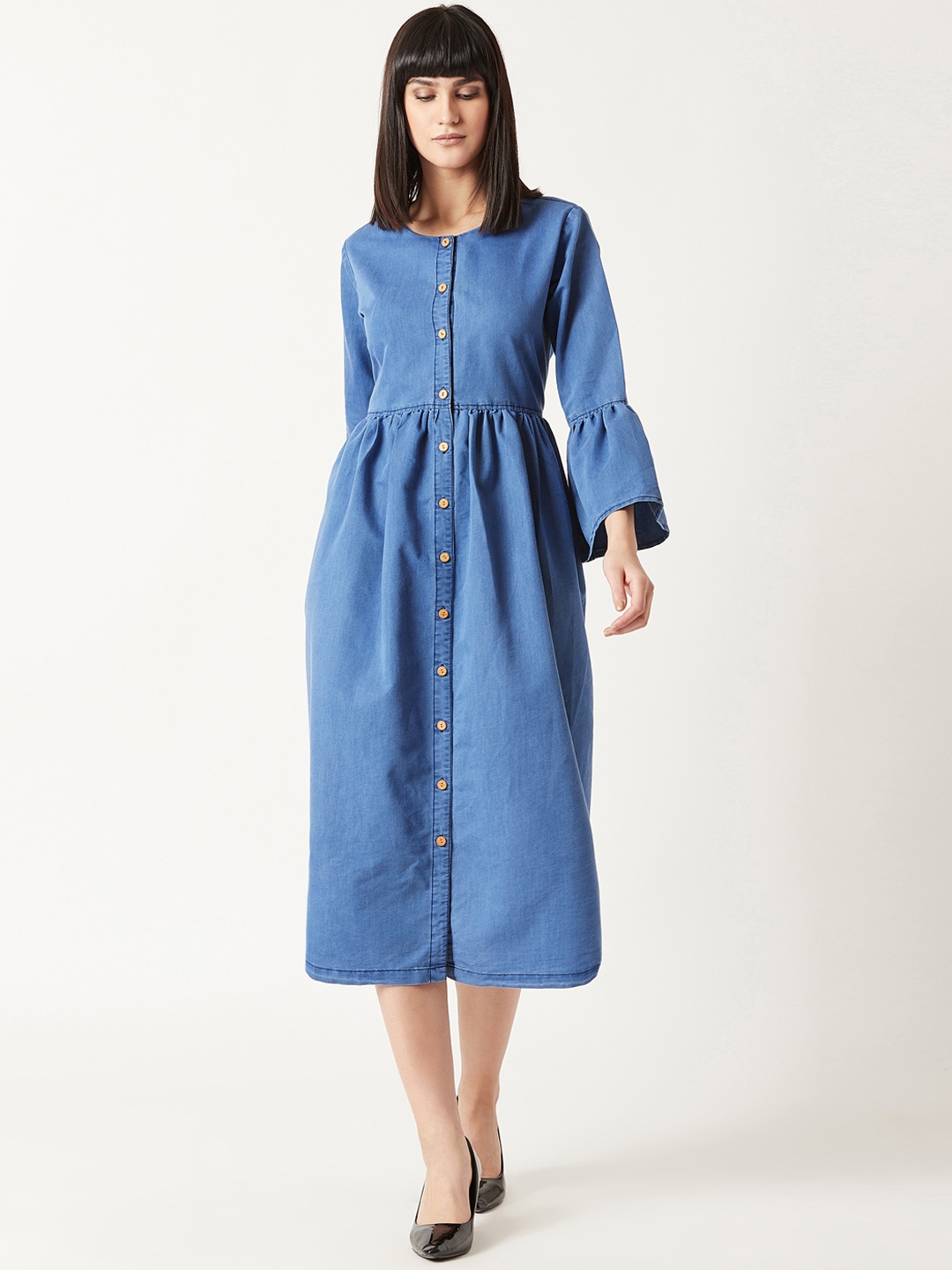 

Miss Chase Women Blue Solid Fit and Flare Denim Dress
