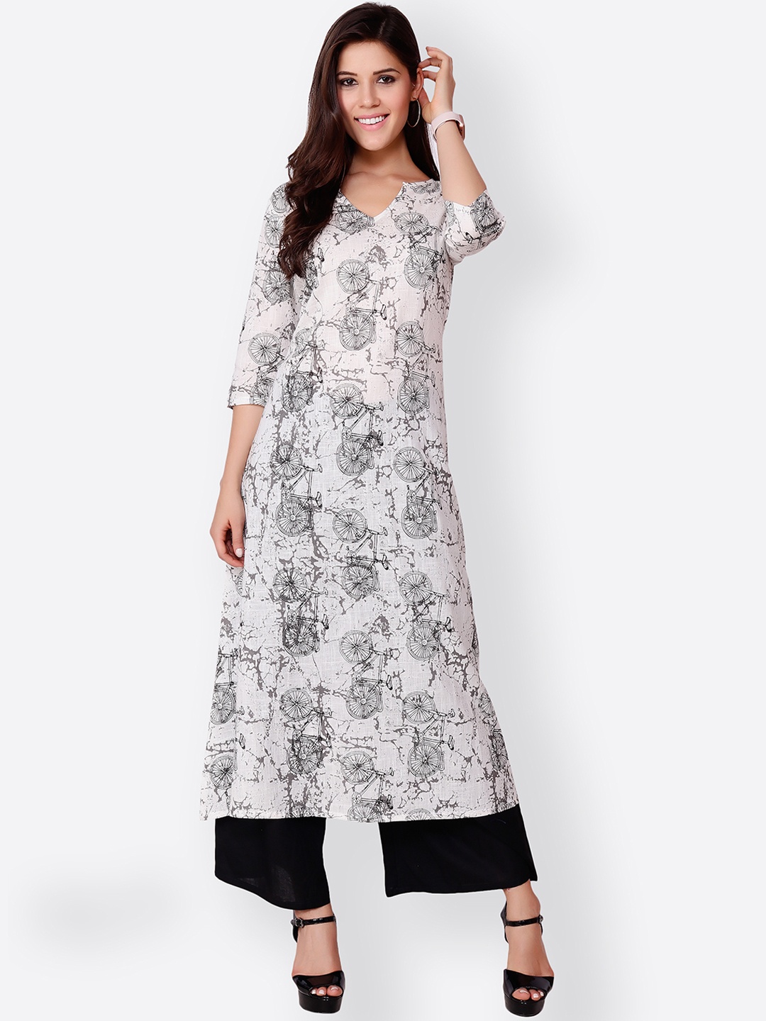 SCORPIUS Women White & Black Printed Kurta with Palazzos