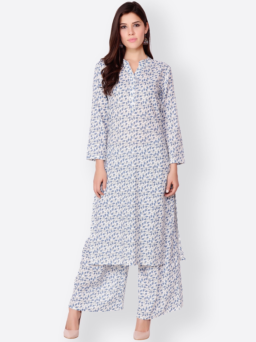 SCORPIUS Women White & Blue Printed Kurta with Palazzos