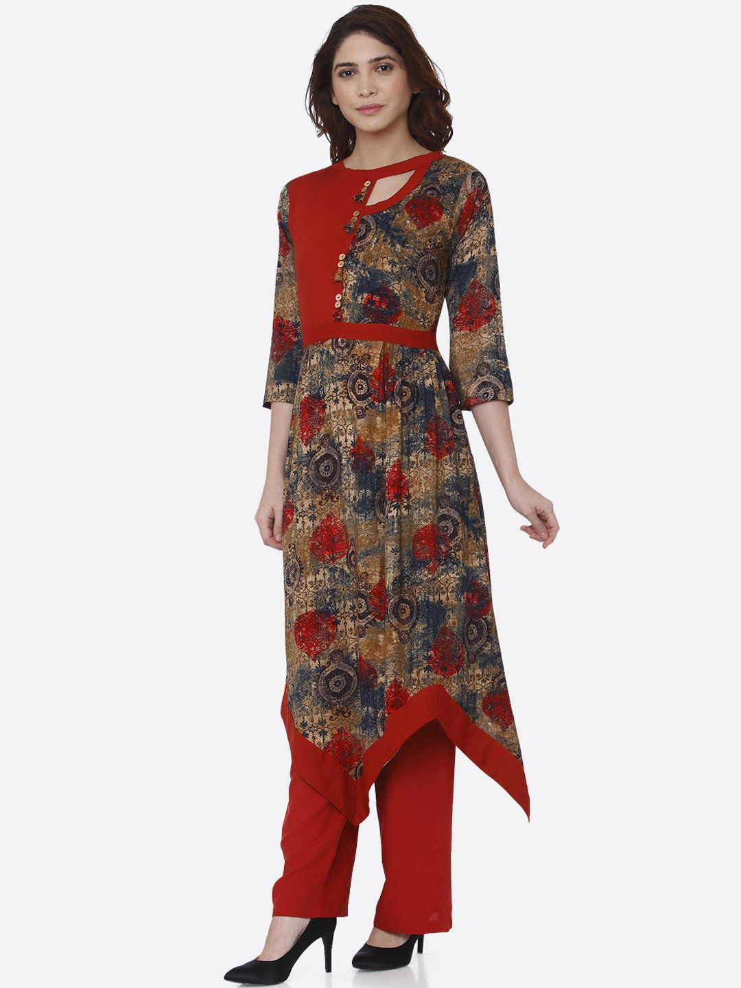 

shiloh Women Multicoloured Printed A-Line Asymmetric Kurta, Multi