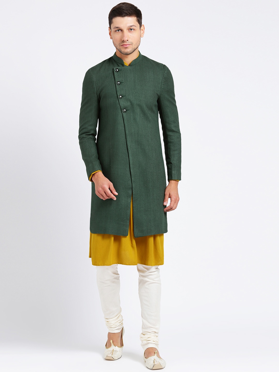 

KISAH Men Green & Mustard Sherwani Set