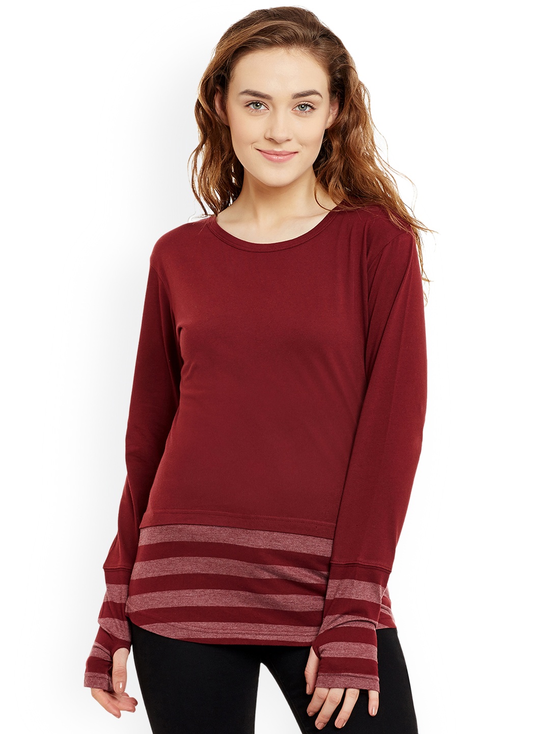 

Hypernation Women Maroon Striped Round Neck Pure Cotton T-shirt