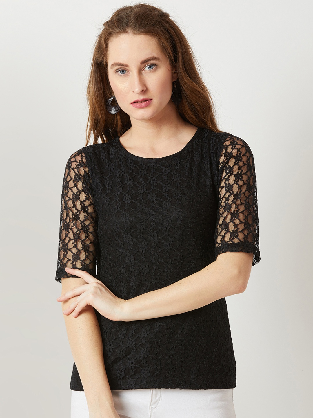 Miss Chase Women Black Self Design Pure Cotton Top