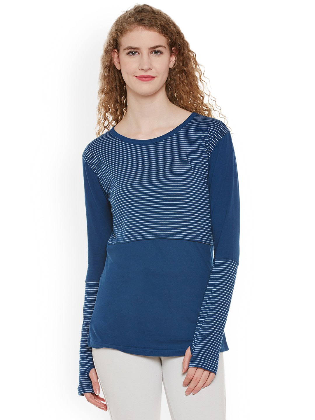 

Hypernation Women Blue Striped Round Neck Pure Cotton T-shirt