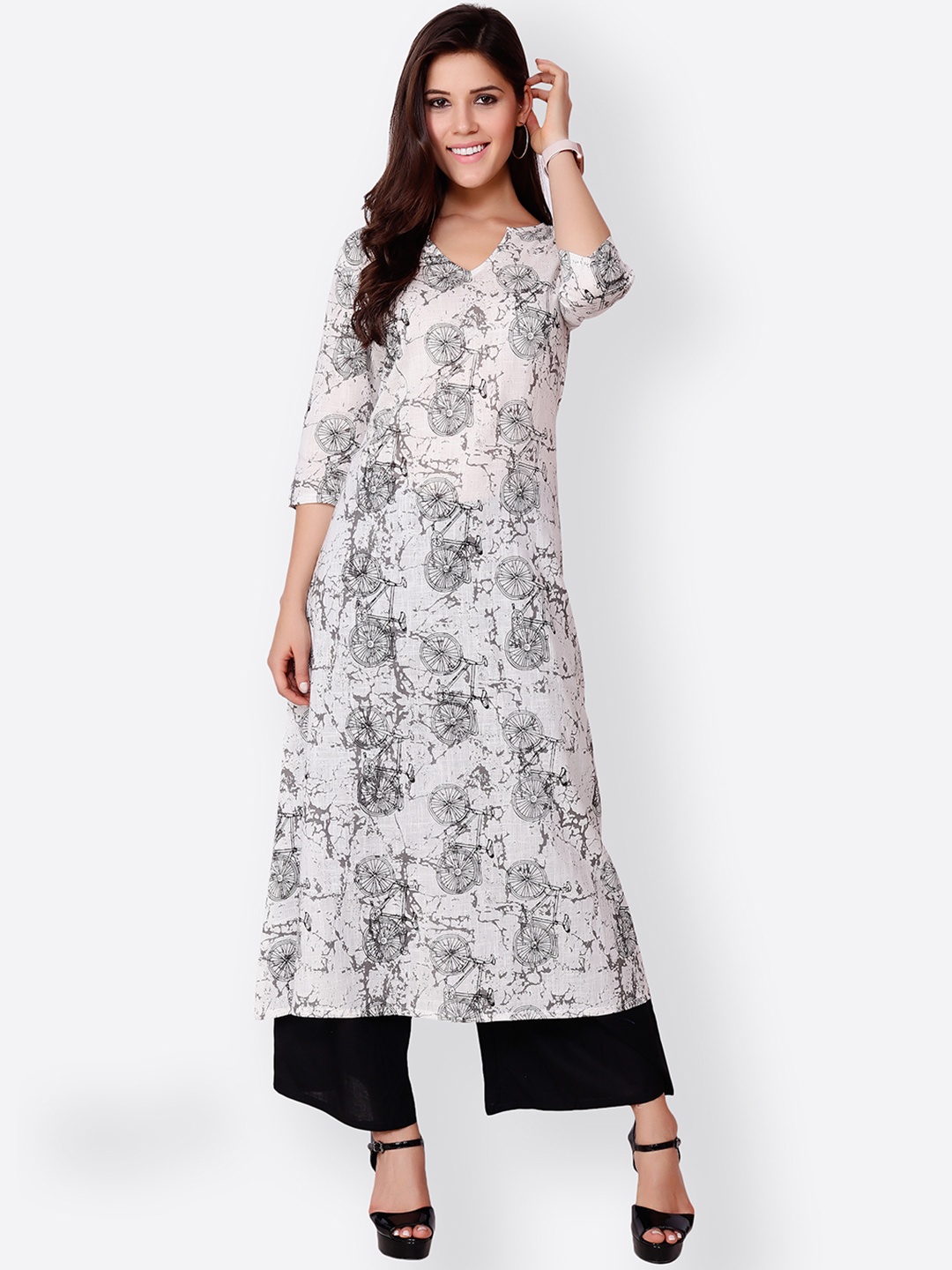 SCORPIUS Women White & Black Quirky Print Straight Kurta