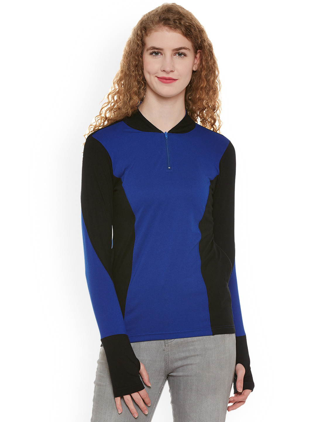 

Hypernation Women Blue Black Colourblocked Mandarin Collar Pure Cotton T-shirt