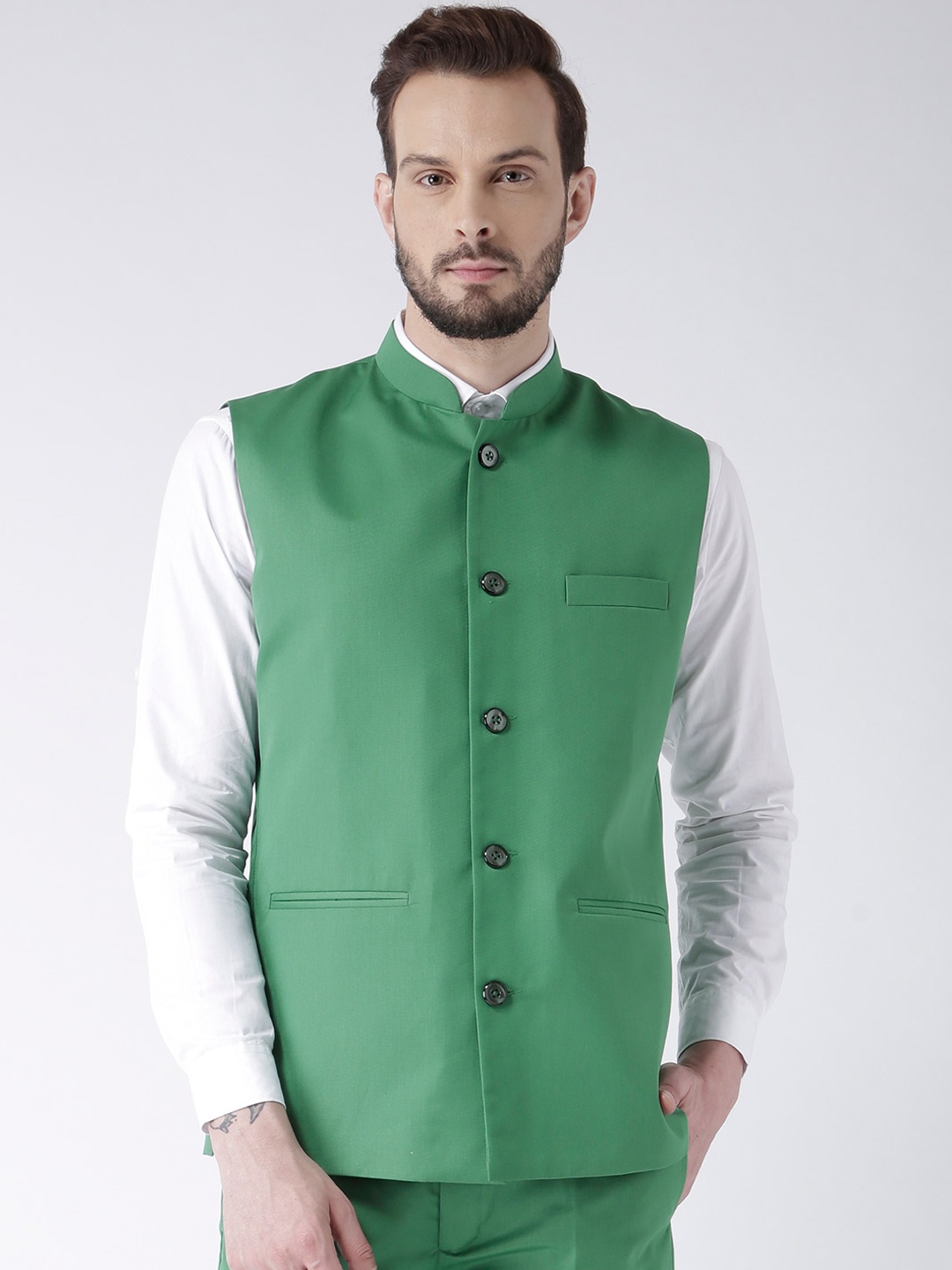 

Hangup Men Green Solid Nehru Jacket