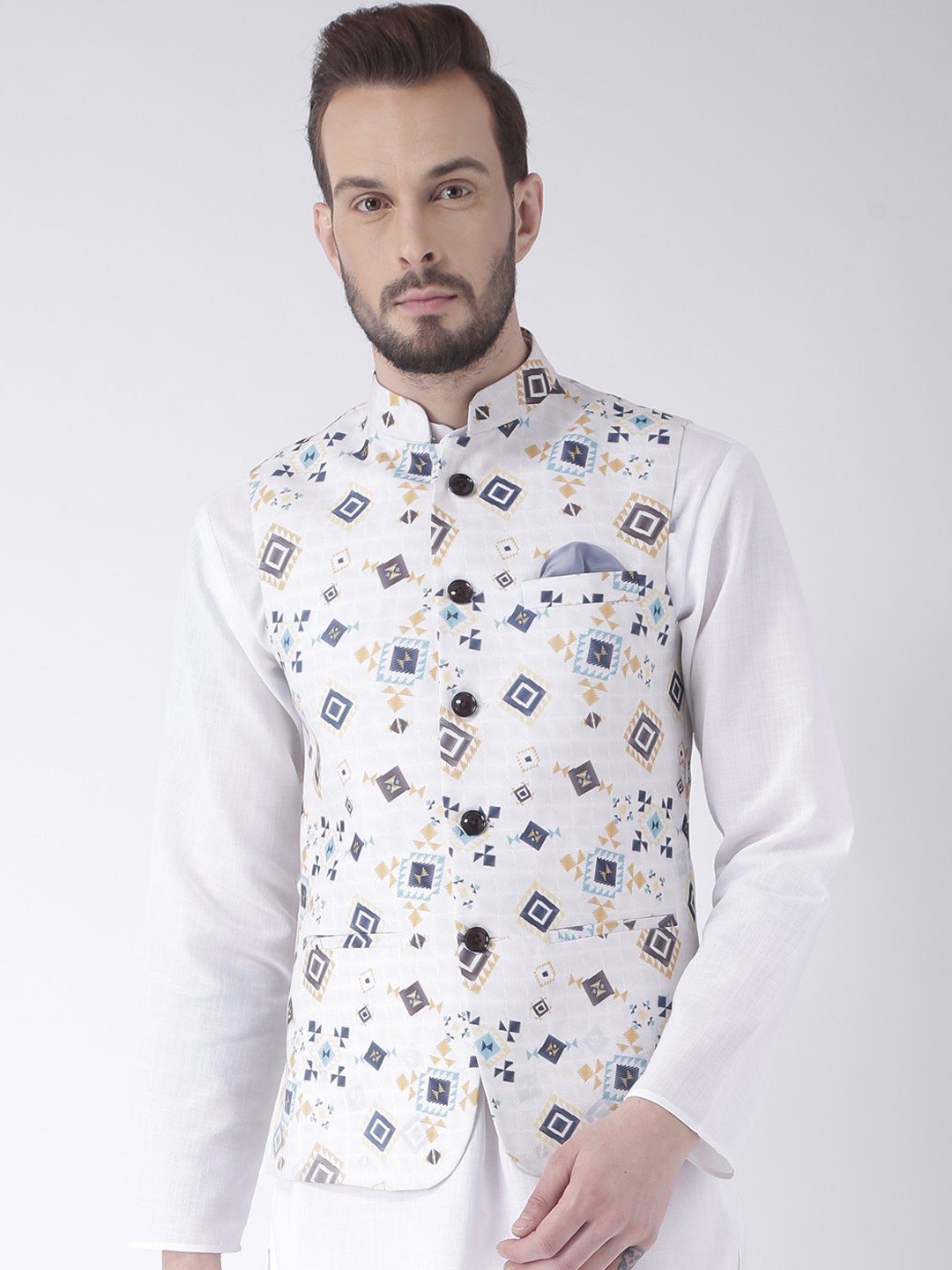 

Hangup Men White Woven Design Nehru Jacket