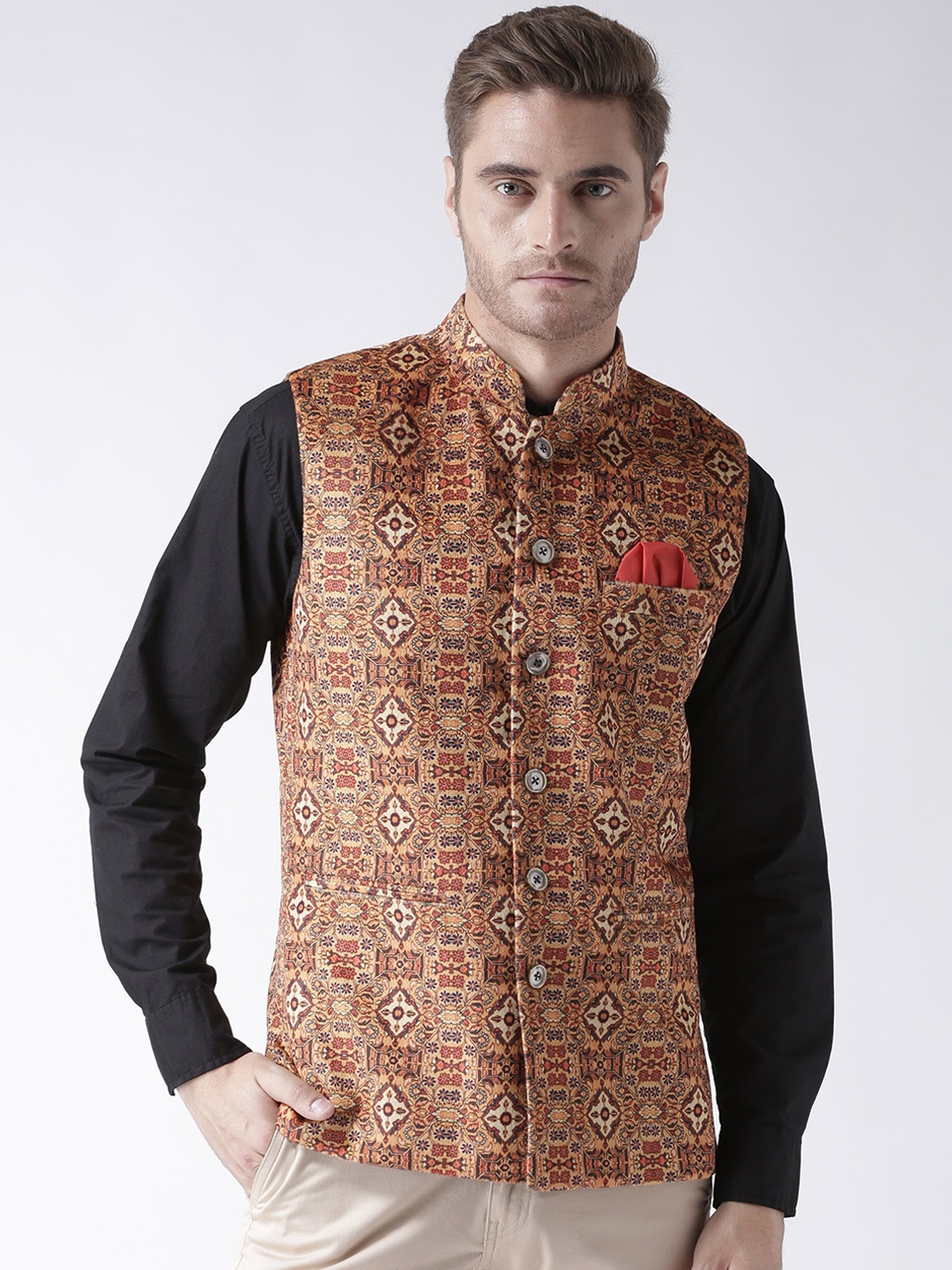 

Hangup Men Brown Printed Nehru Jacket