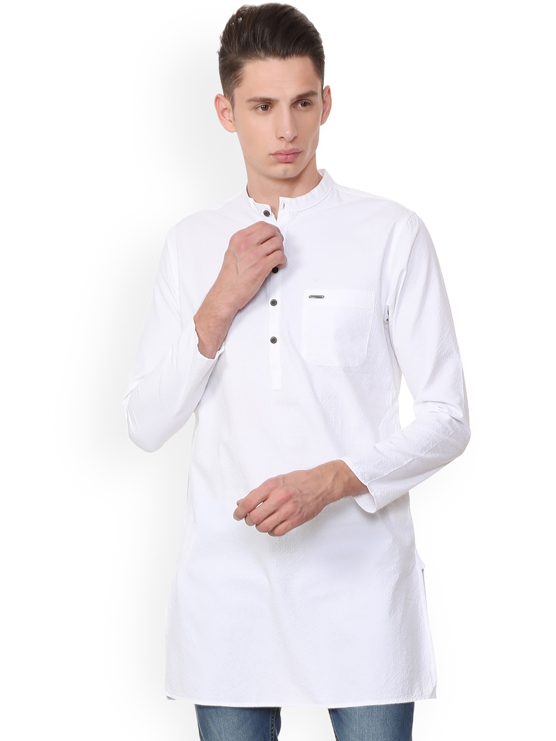 

Peter England Men White Woven Design Straight Kurta