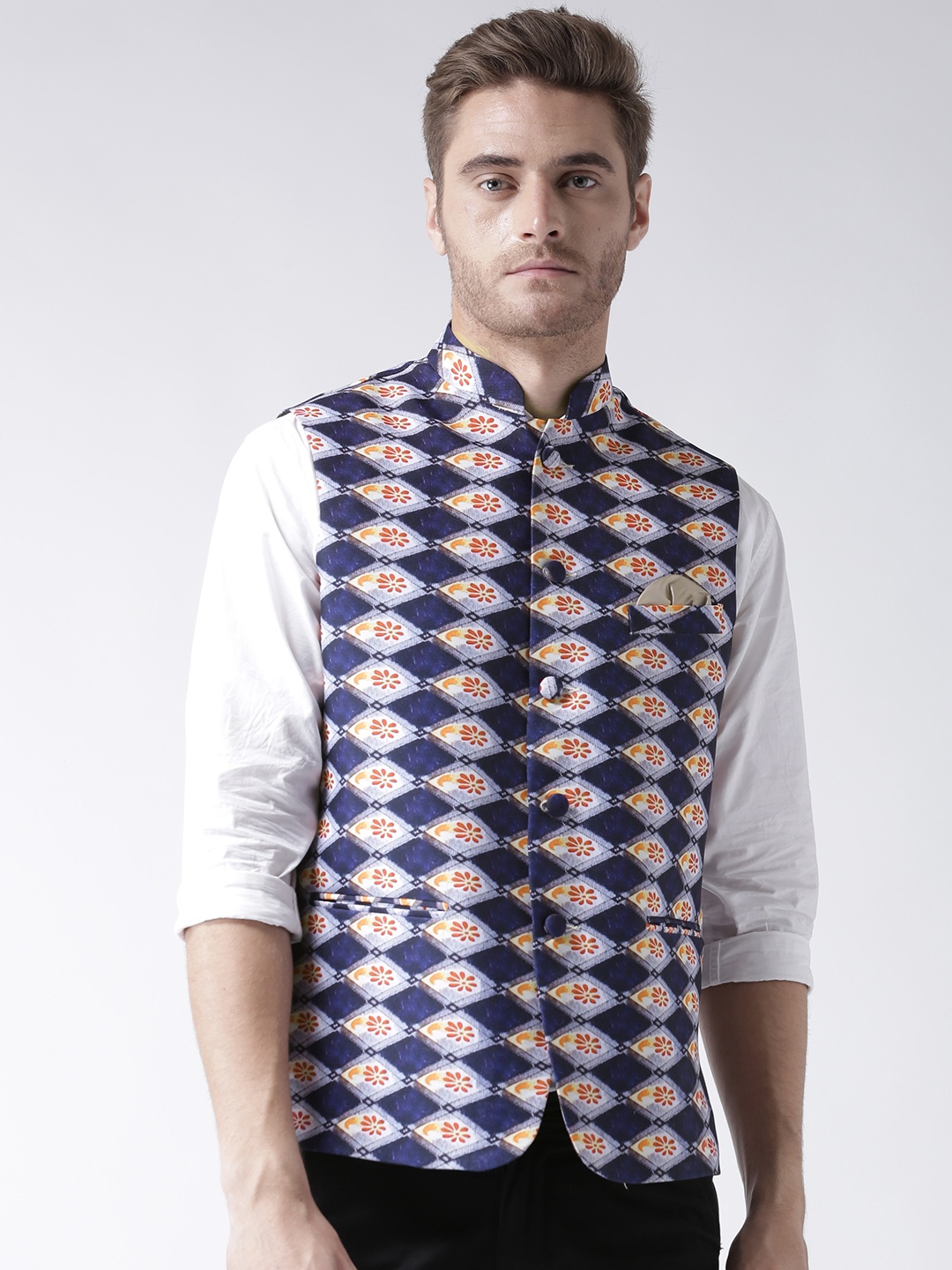Hangup Men Navy Blue Printed Nehru Jacket