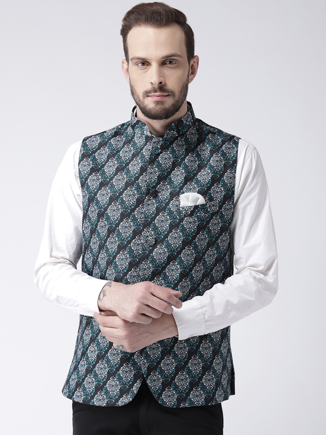 

Hangup Men Black Woven Design Nehru Jacket