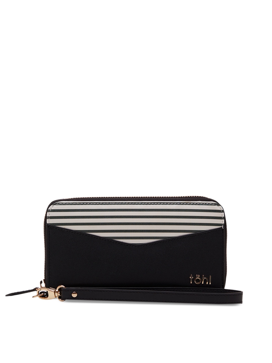 

tohl Women Black & White Striped Leather Zip Around Wallet