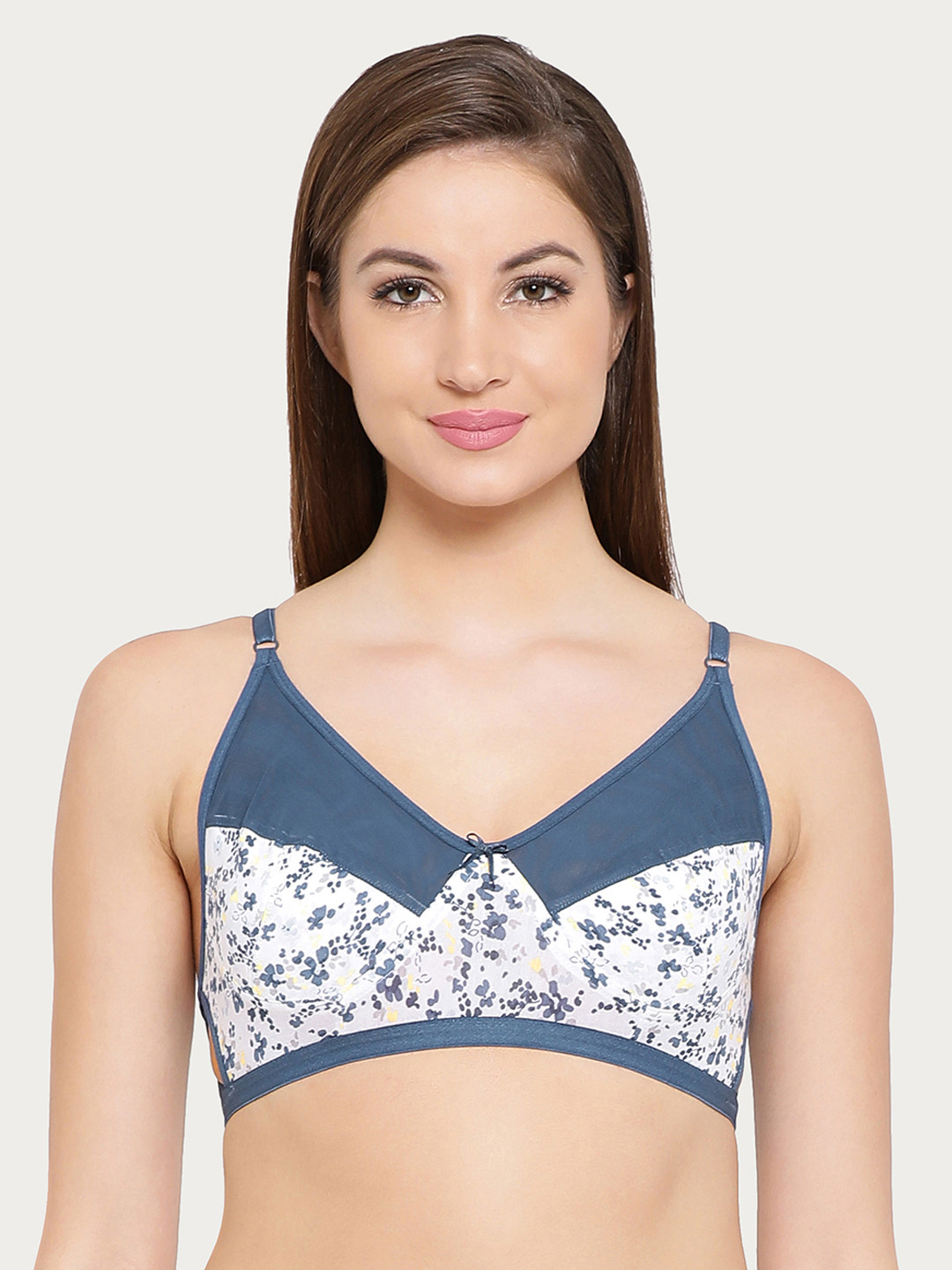 

Clovia Cotton Non-Padded Non-Wired Floral Print Bra, Navy blue
