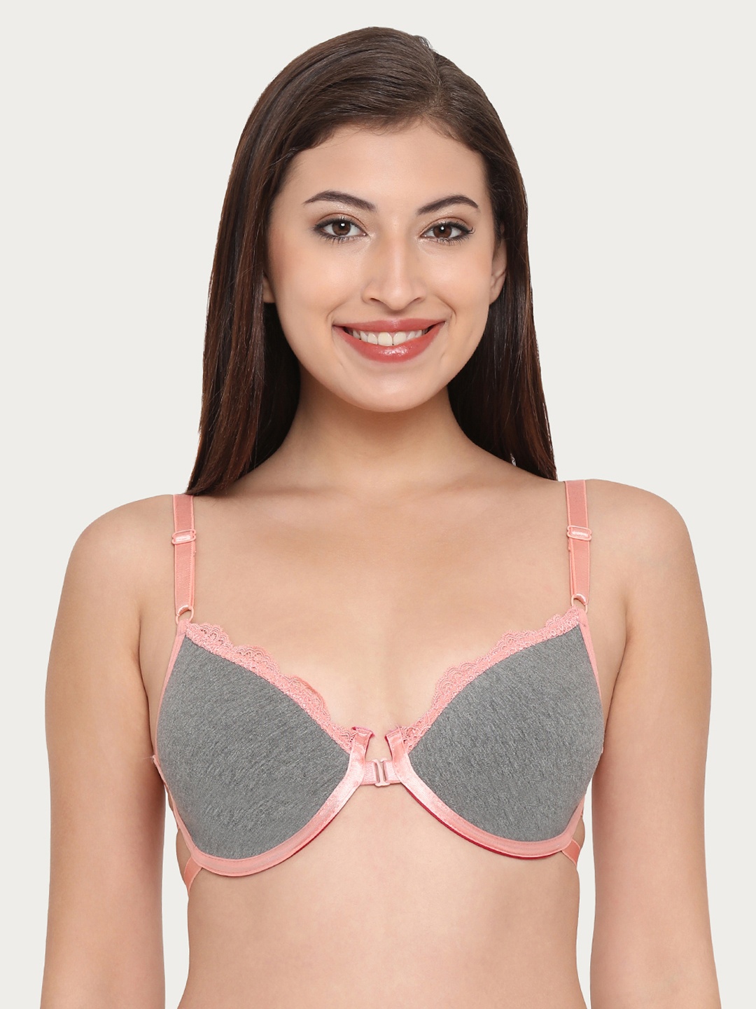 

Clovia Cotton Padded Underwired Front-Open T-Shirt Cage Bra, Grey