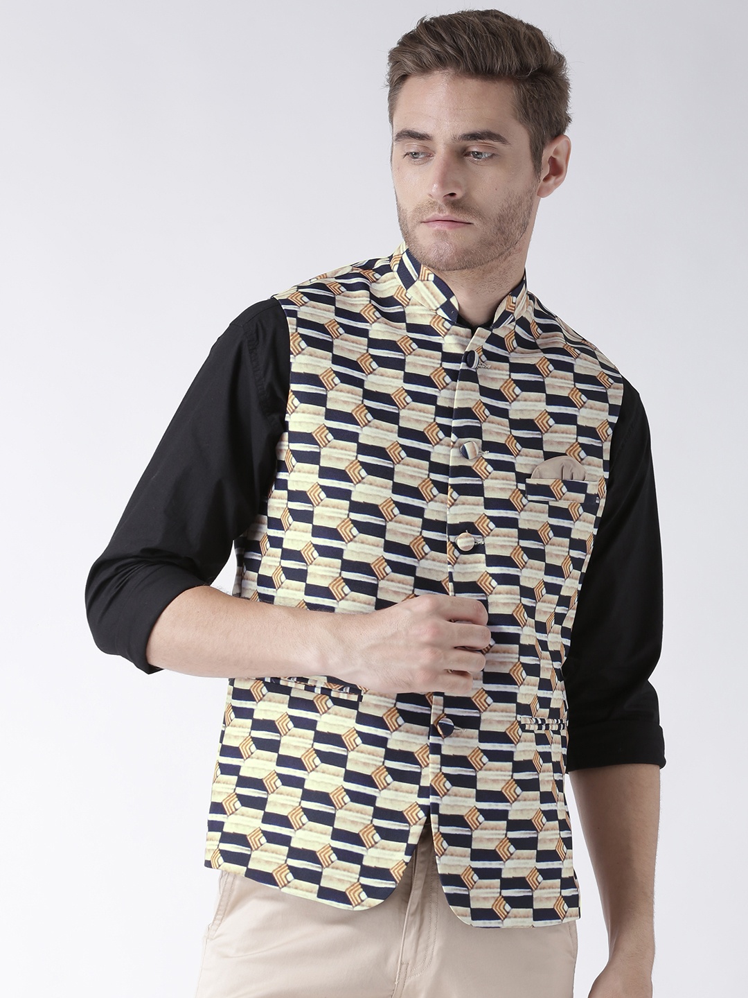 Hangup Men Beige & Black Printed Nehru Jacket