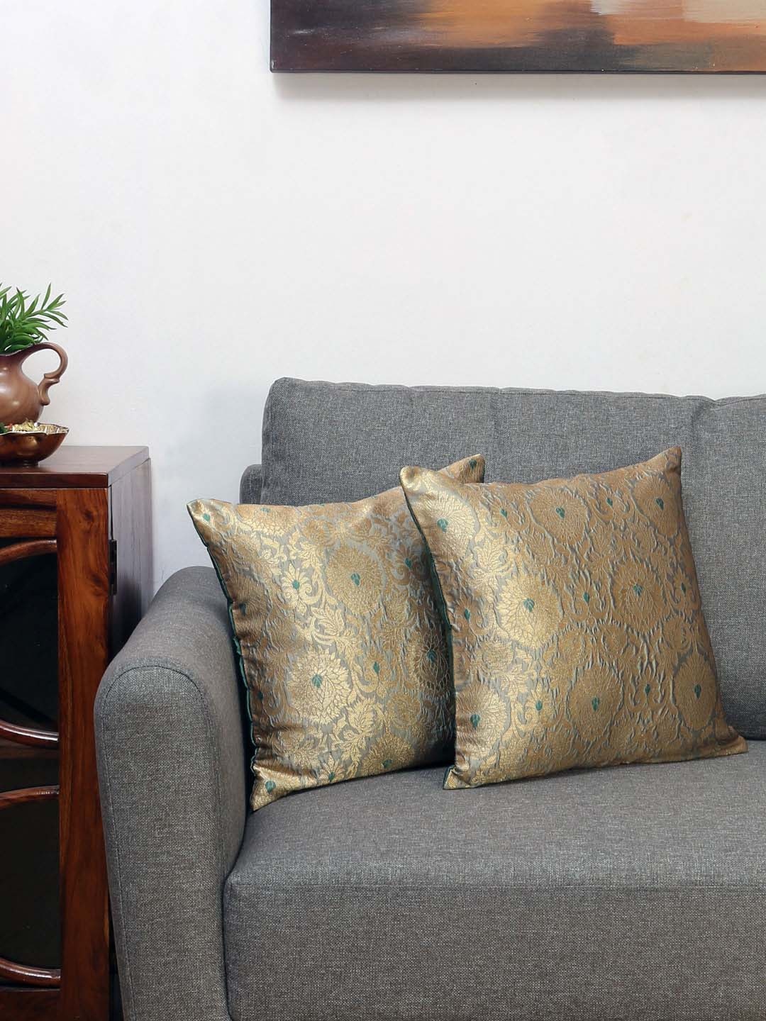 

Athome by Nilkamal Gold-Coloured Set of 2 Floral Square Cushion Covers