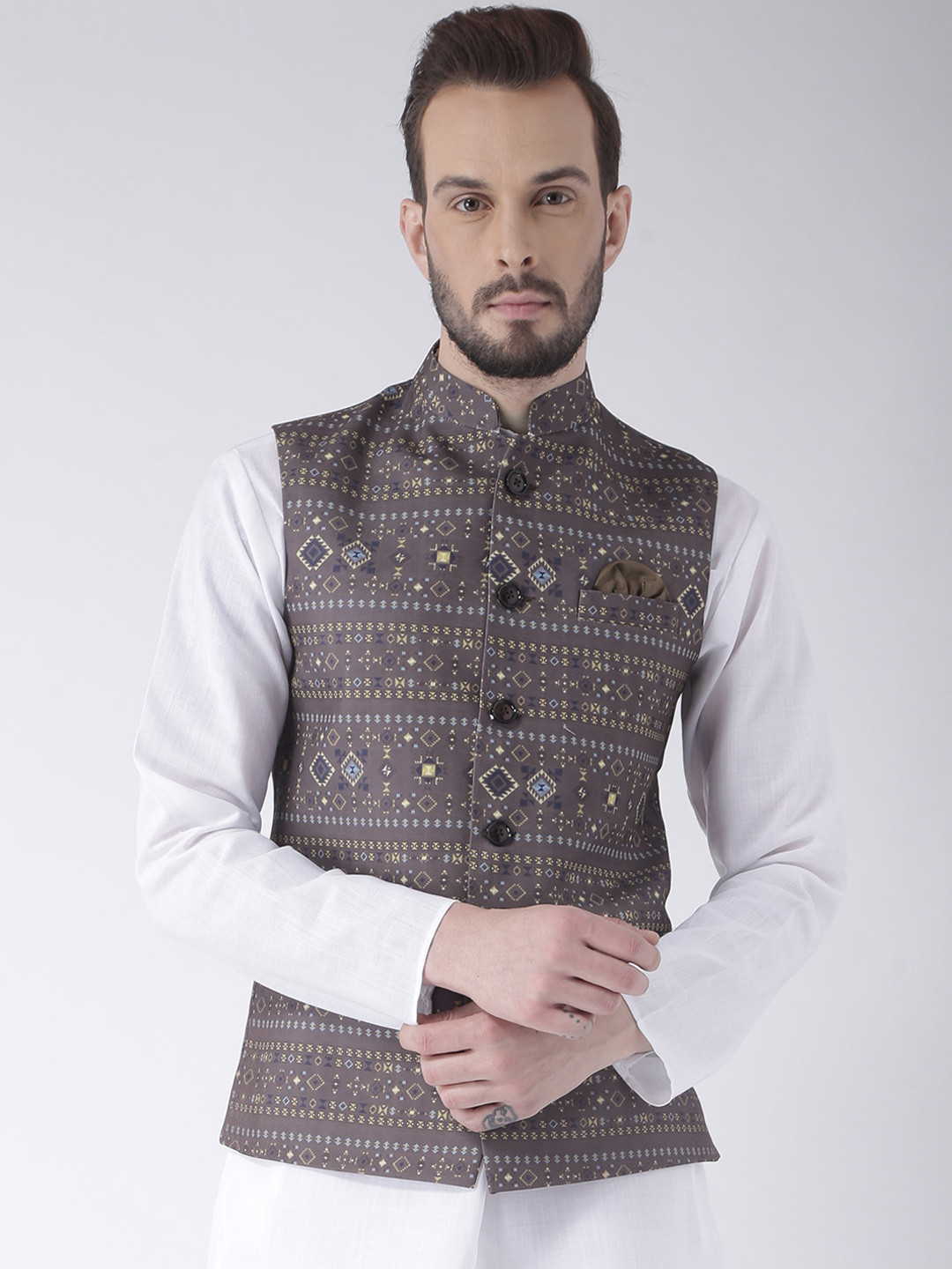 

Hangup Men Grey Woven Design Nehru Jacket
