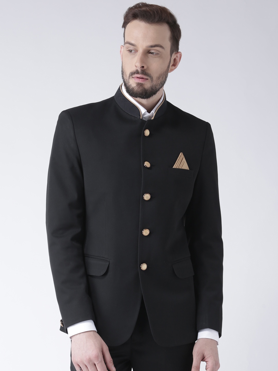 

Hangup Men Black Solid Single-Breasted Bandhgala Formal Blazer