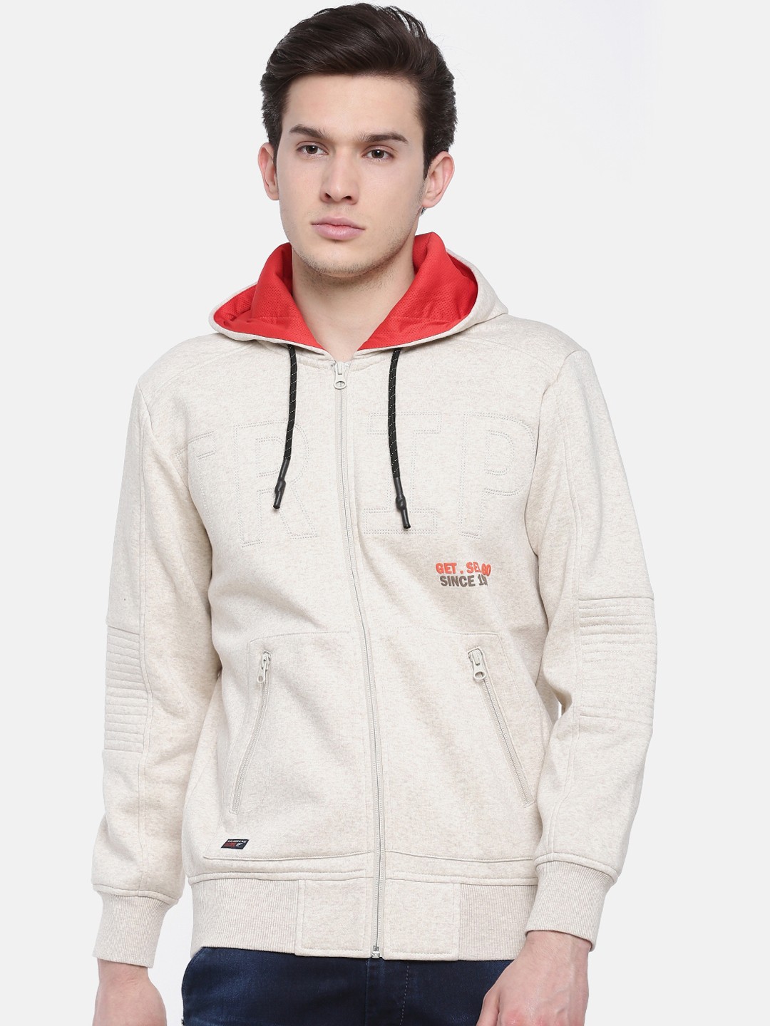 

t-base Men Cream-Coloured Printed Hooded Sweatshirt