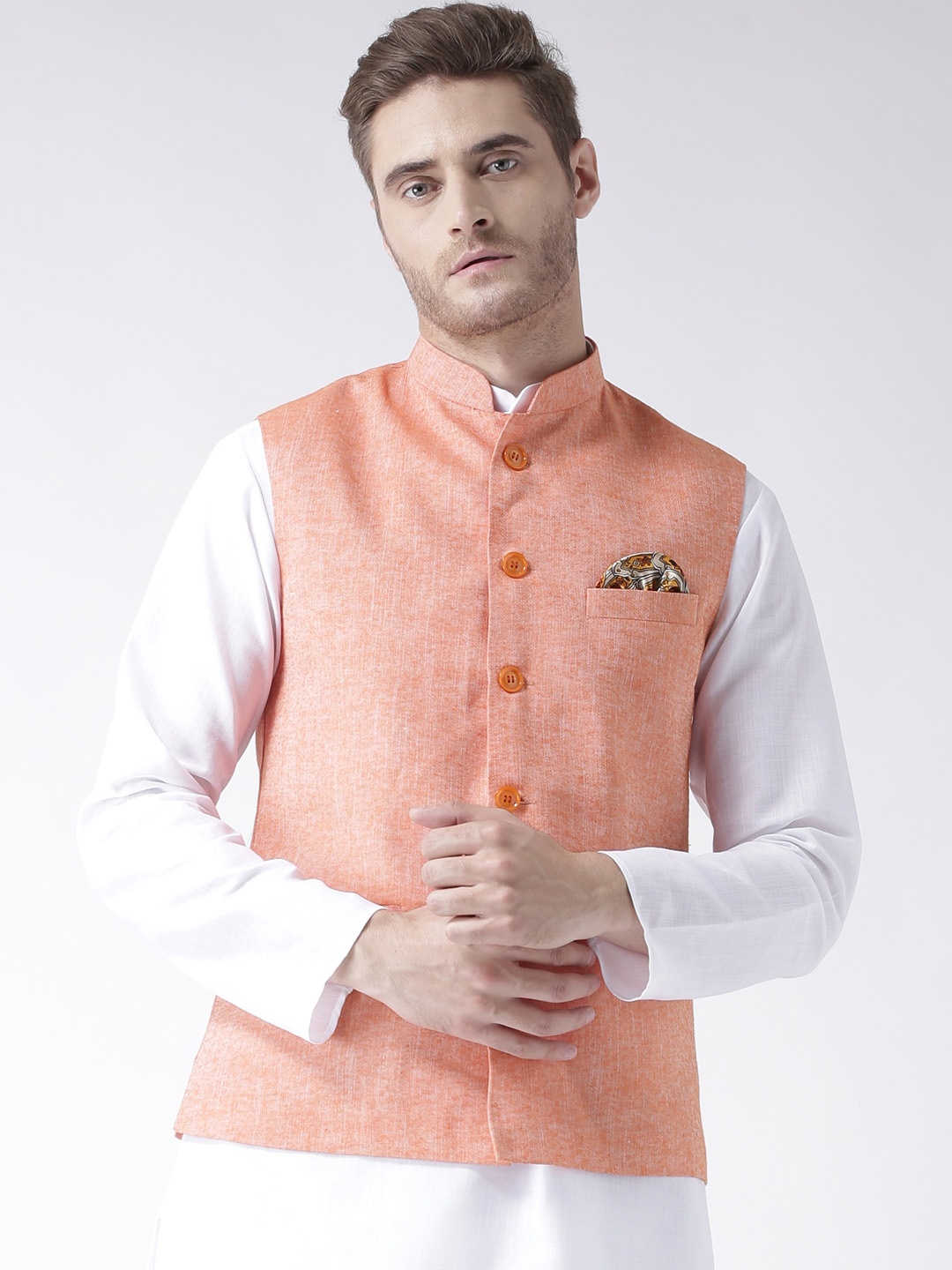 

Hangup Men Orange Solid Nehru Jacket