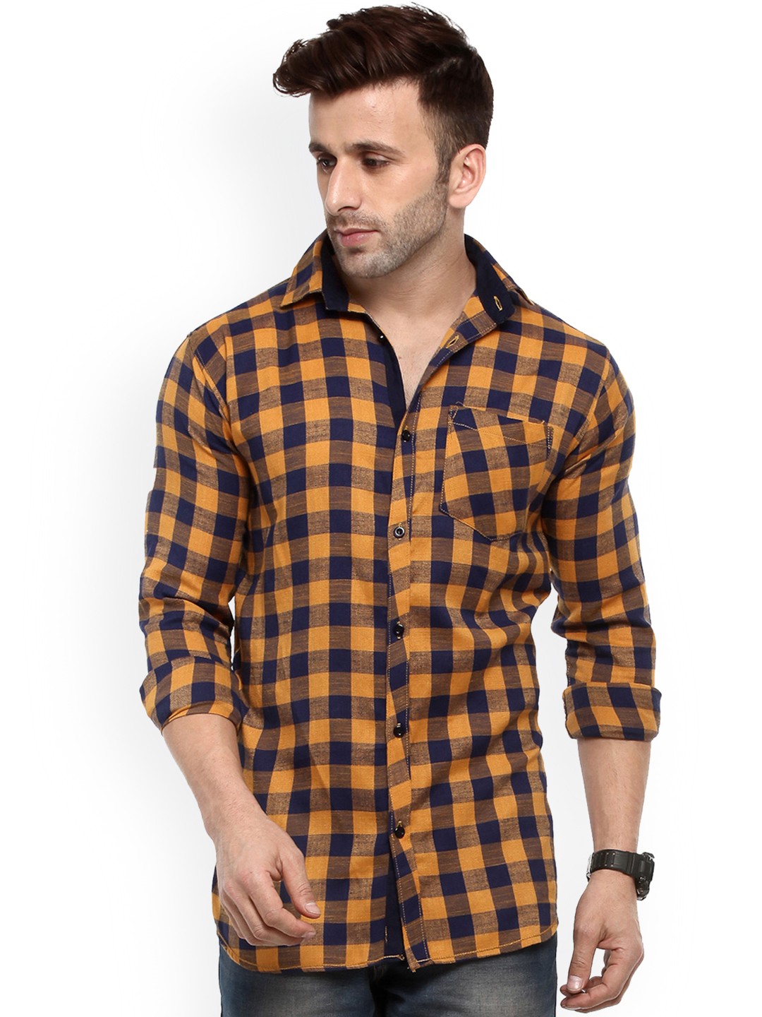 

Hangup Men Orange & Black Slim Fit Checked Casual Shirt