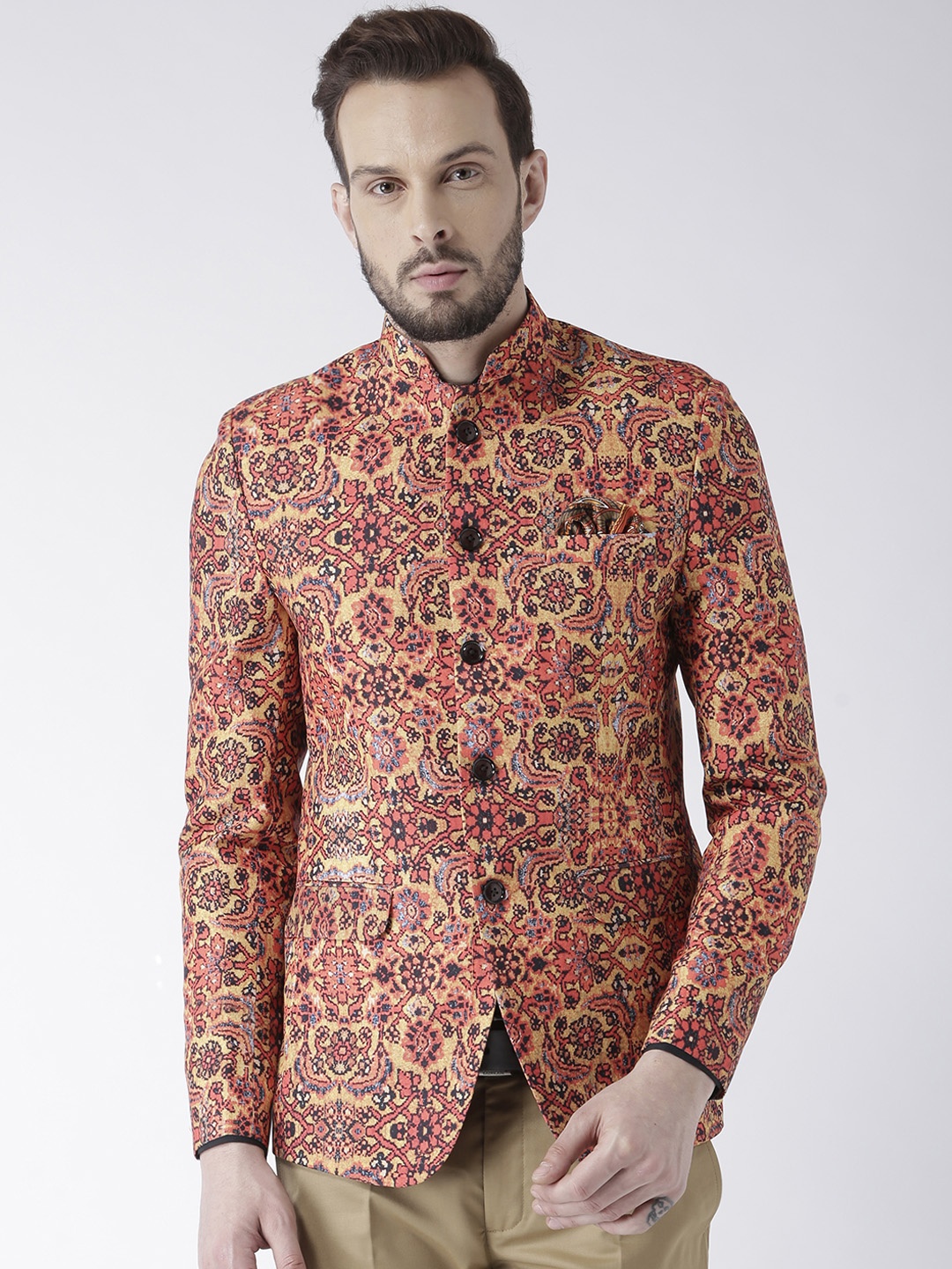 

Hangup Men Multicoloured Printed Single-Breasted Bandhgala Blazer, Multi