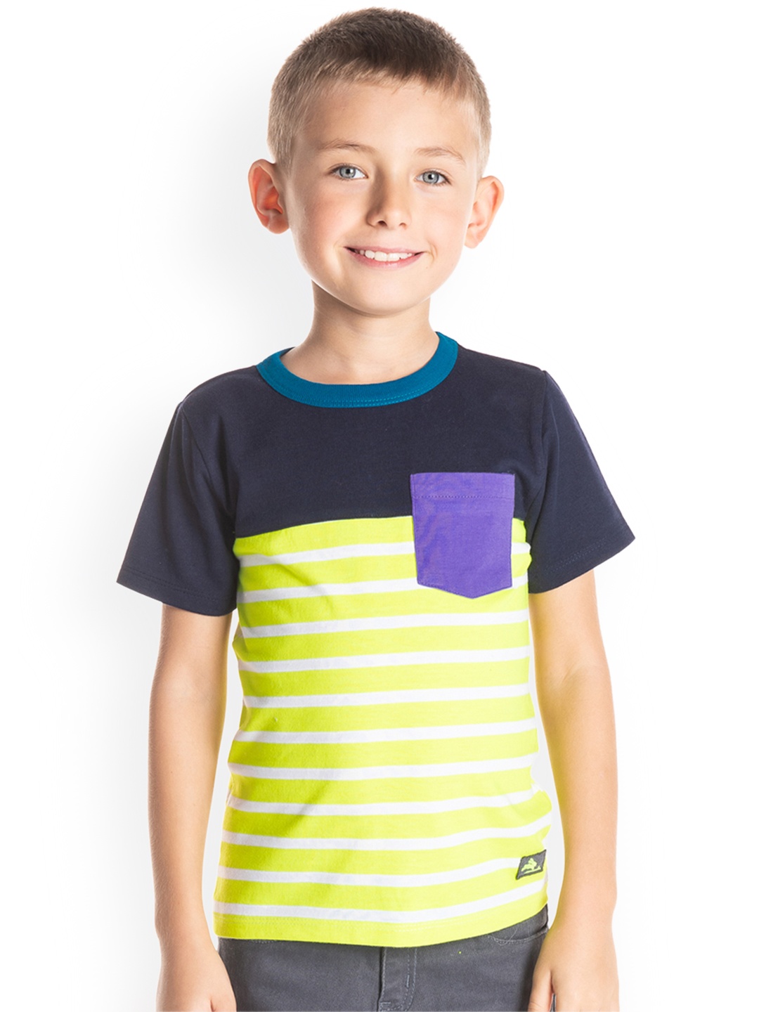 

Cherry Crumble Boys Navy Blue Colourblocked Round Neck T-shirt