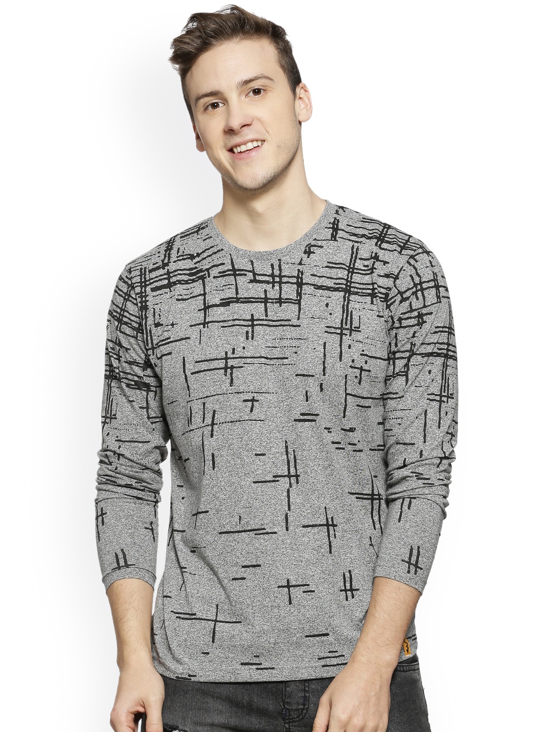Campus Sutra Men Grey Printed Round Neck T-shirt