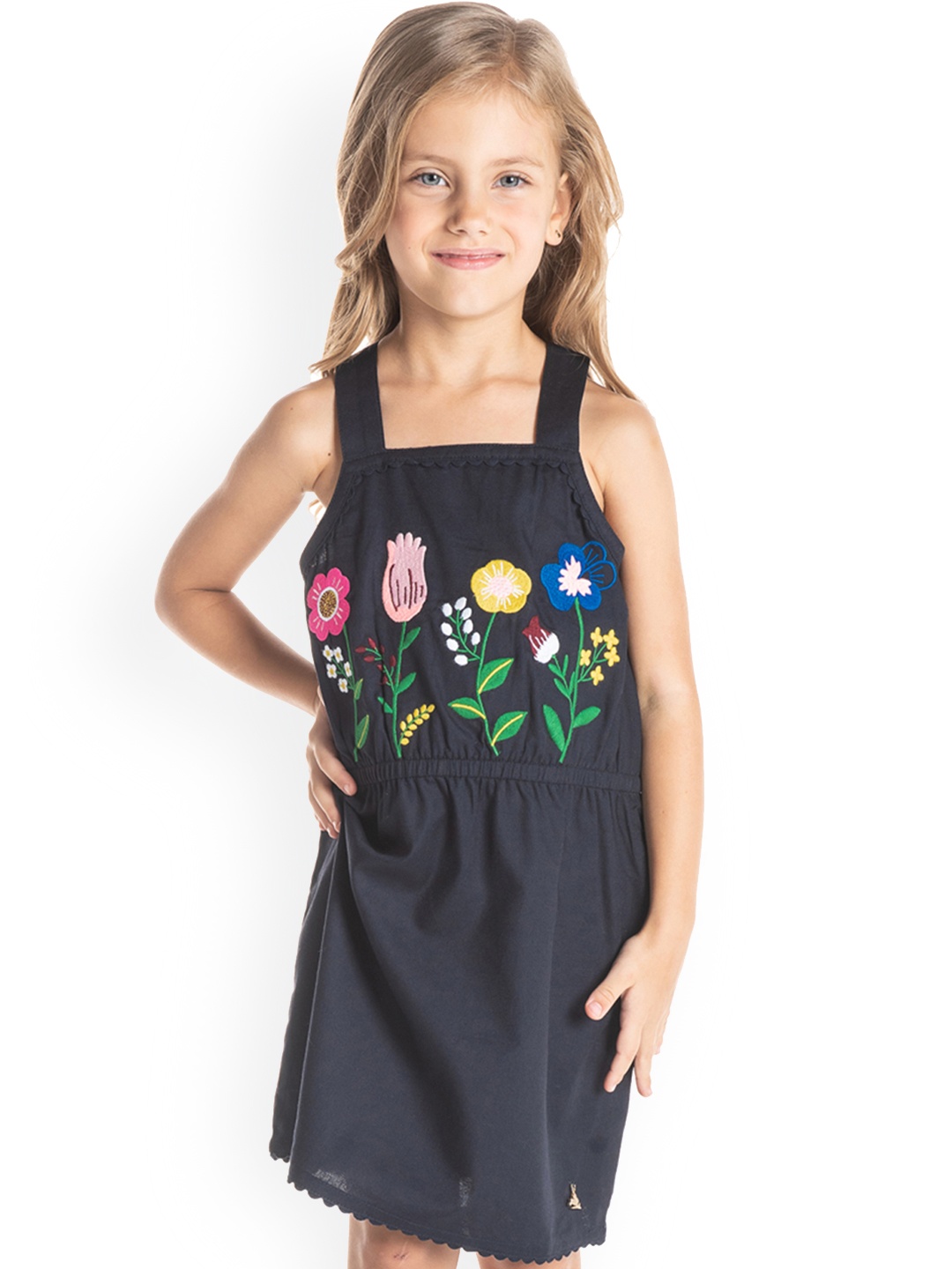 

Cherry Crumble Girls Navy Blue Solid Pinafore Dress