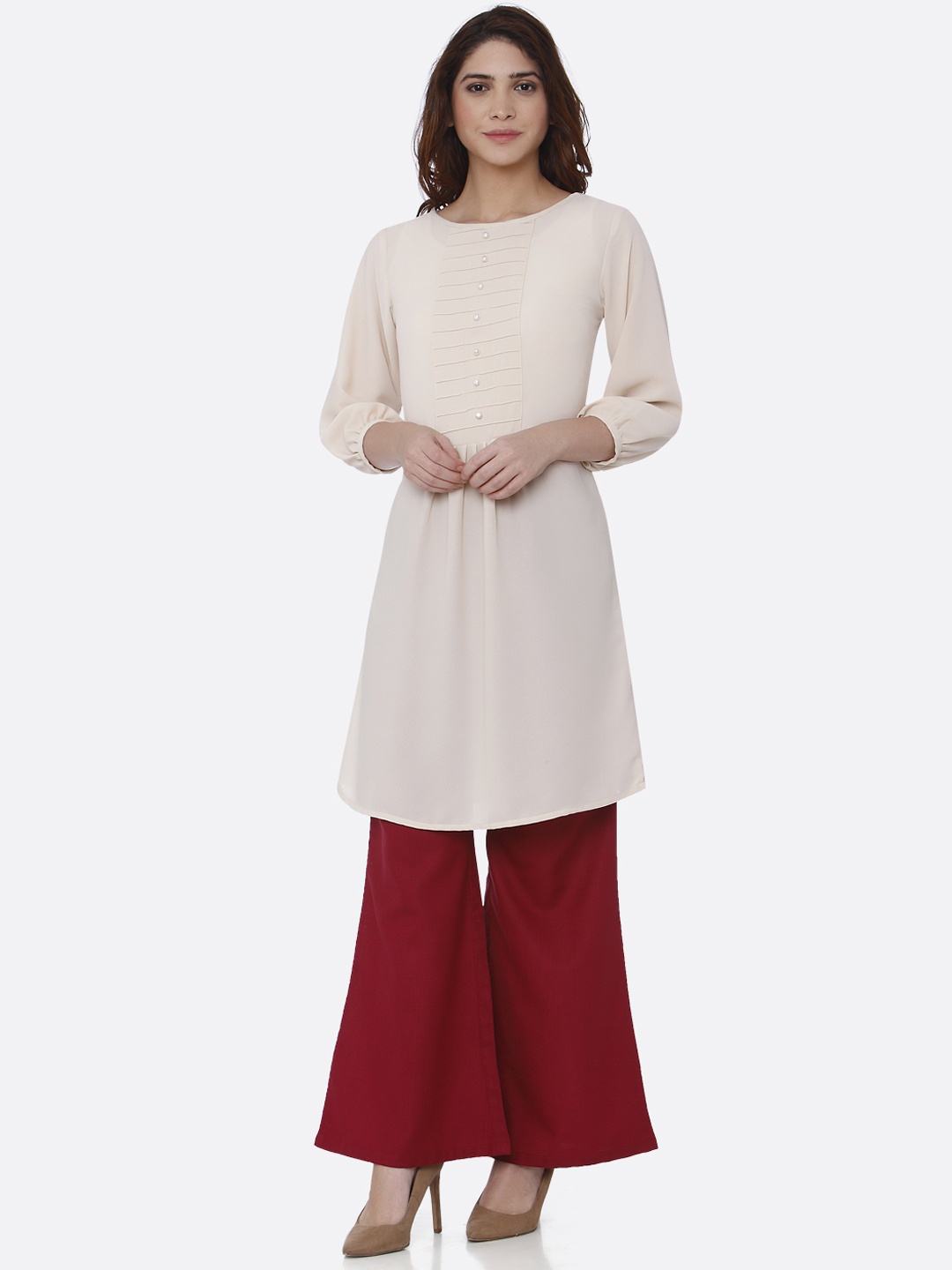 

shiloh Women Peach-Coloured Solid A-Line Kurta With Embellished Detail