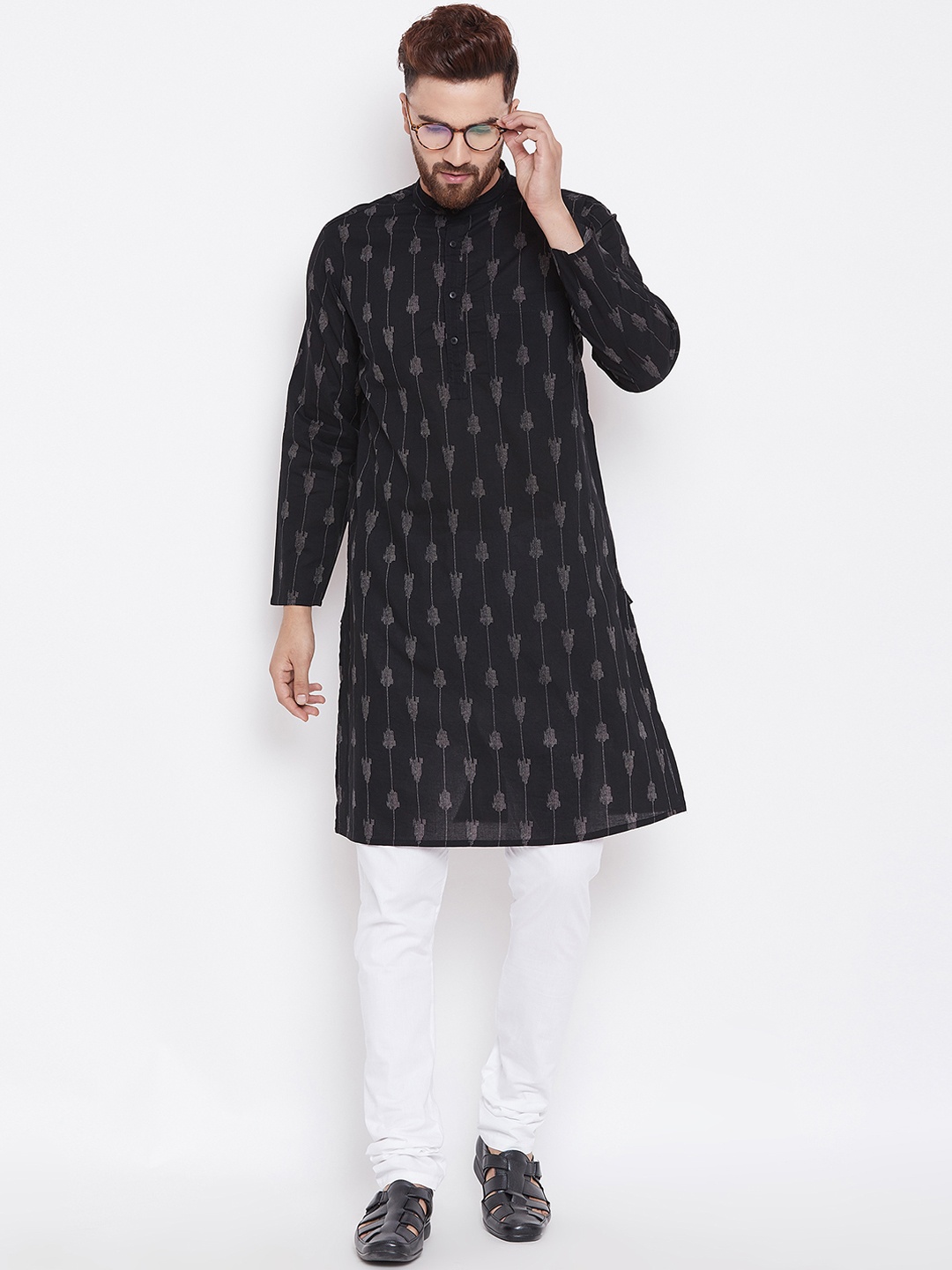 

even Men Black Woven Design Straight Kurta