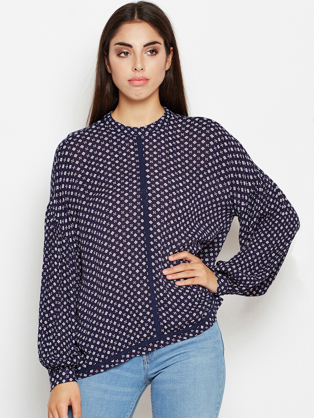

Oxolloxo Women Navy Blue Printed A-Line Top
