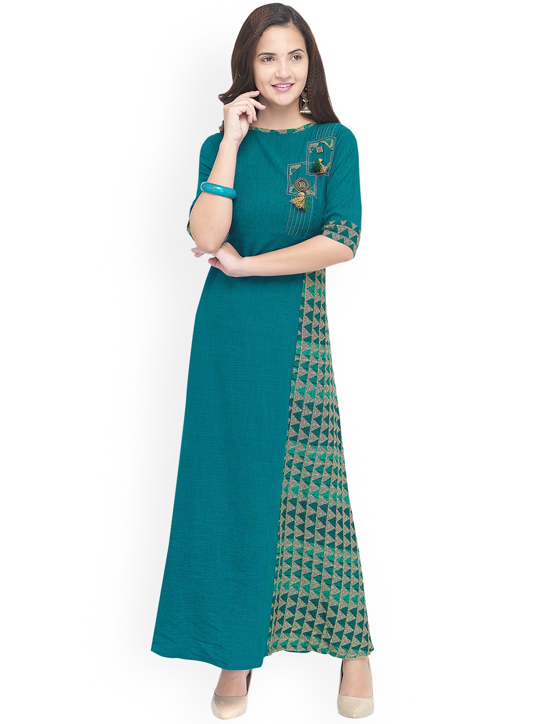 

Kvsfab Women Teal Green Printed A-Line Kurta
