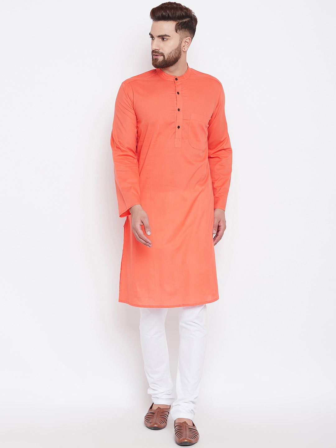

even Men Peach-Coloured Solid Straight Kurta