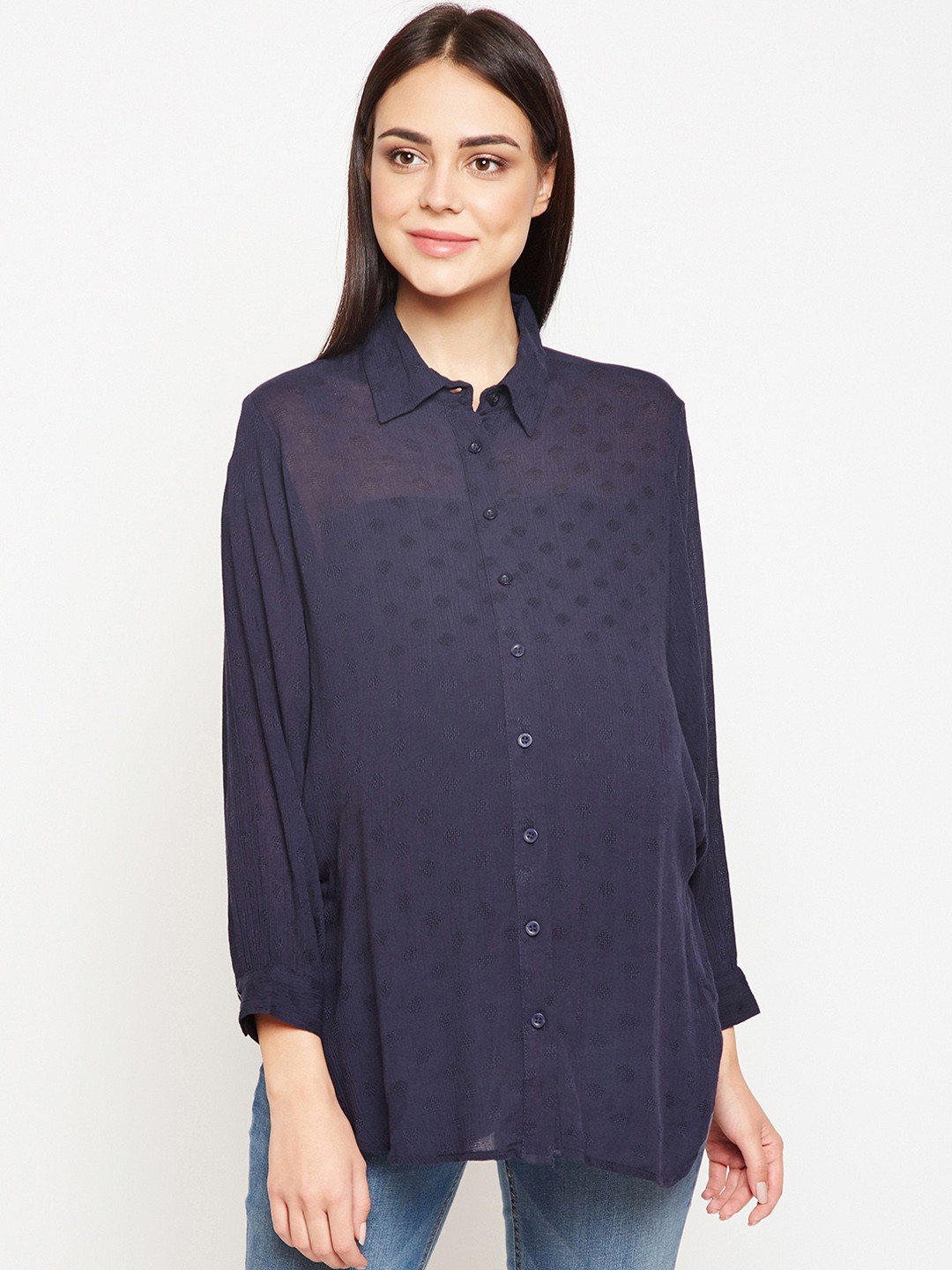 

Oxolloxo Women Navy Blue Regular Fit Printed Maternity Casual Shirt