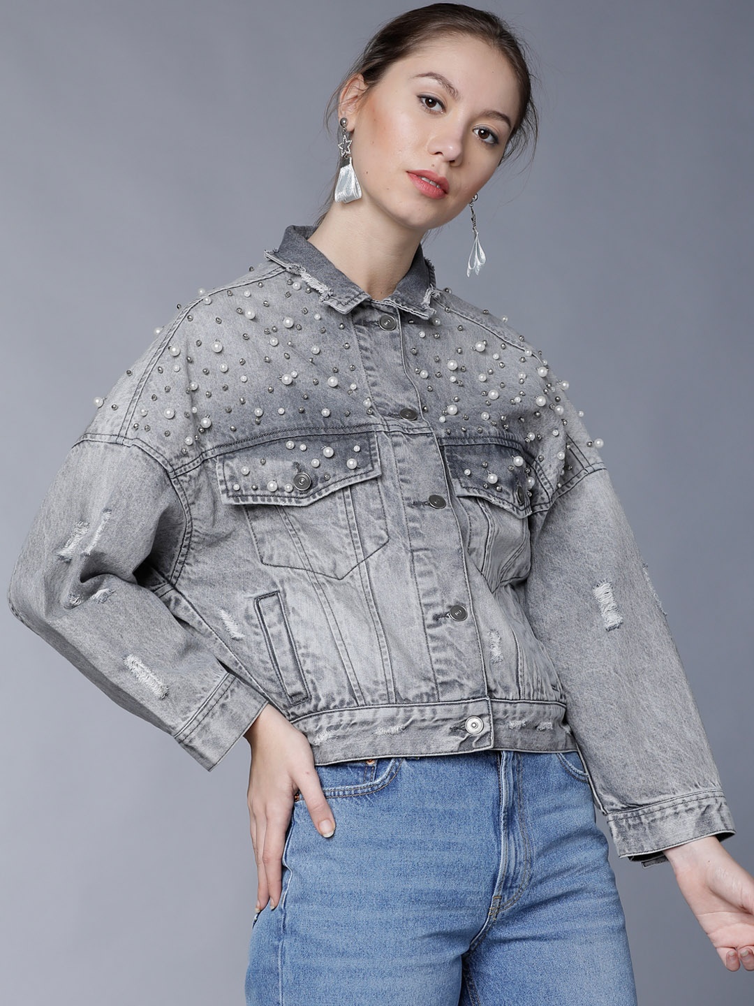 

Tokyo Talkies Women Grey Solid Denim Jacket