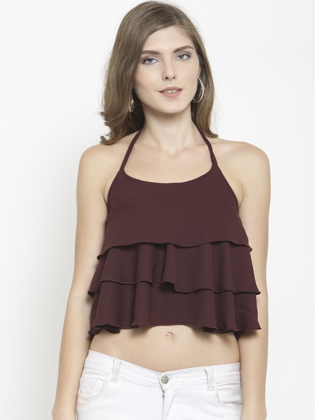 

Indietoga Women Maroon Solid Crop Tiered Top