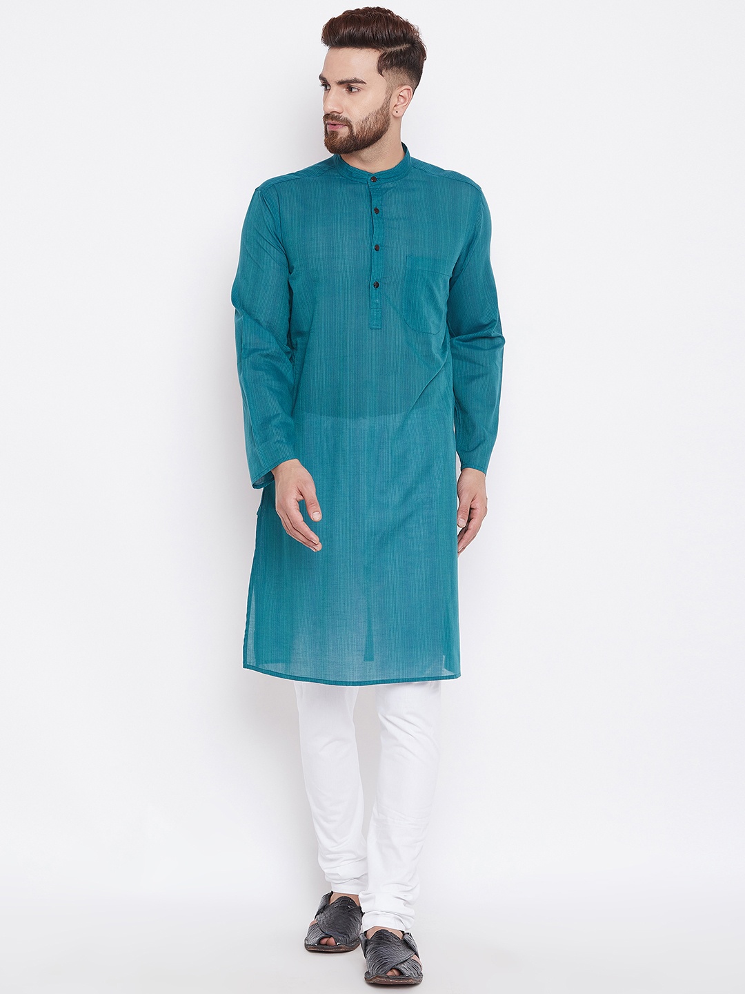 

even Men Teal Green Woven Design Straight Kurta