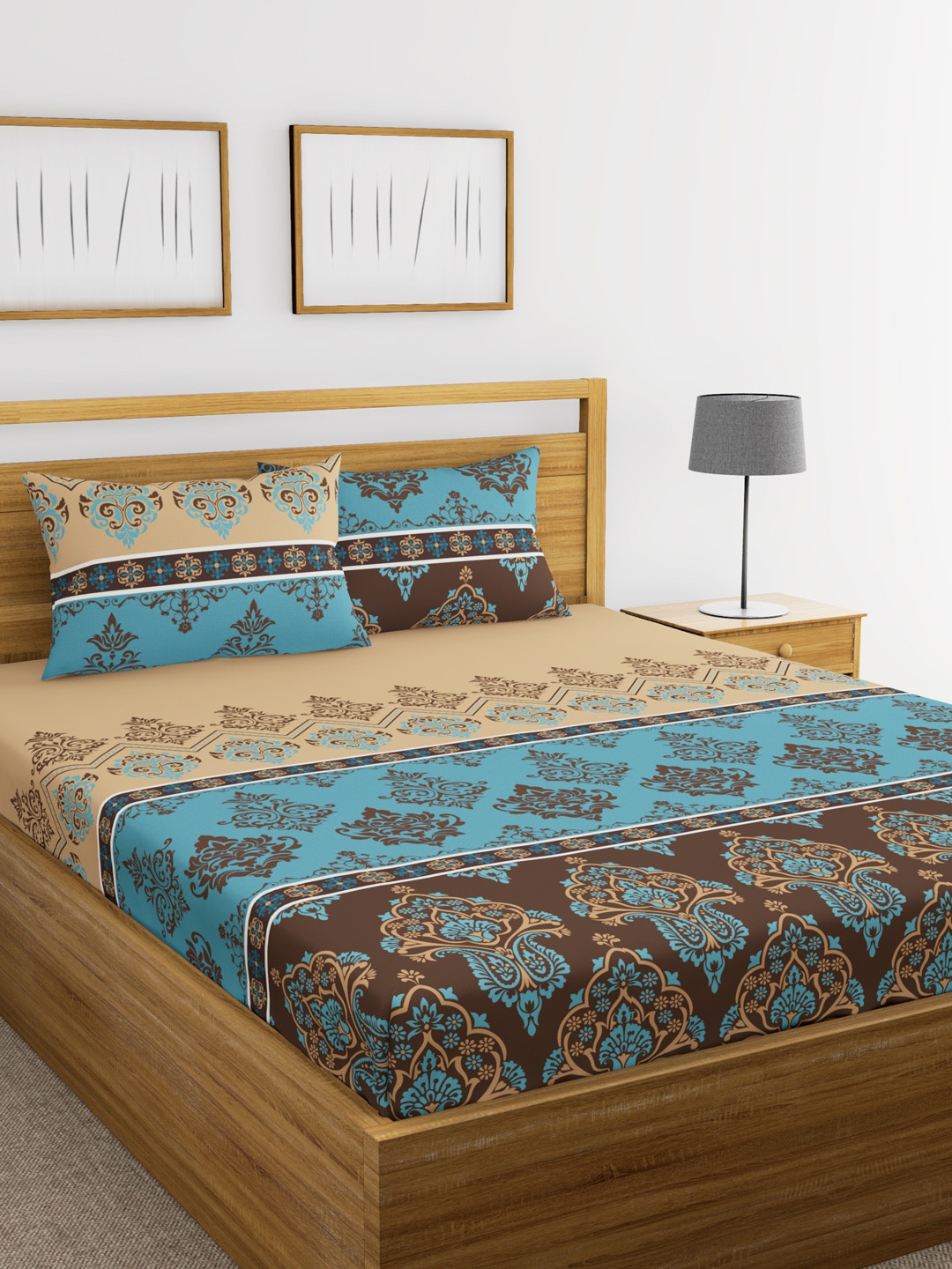 

BIANCA Beige & Blue Ethnic Motifs Flat 180 TC Cotton 1 Double Bedsheet 2 Pillow Covers