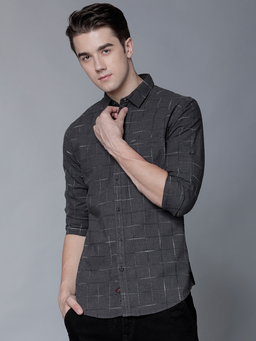 

LOCOMOTIVE Men Grey Slim Fit Checked Casual Shirt