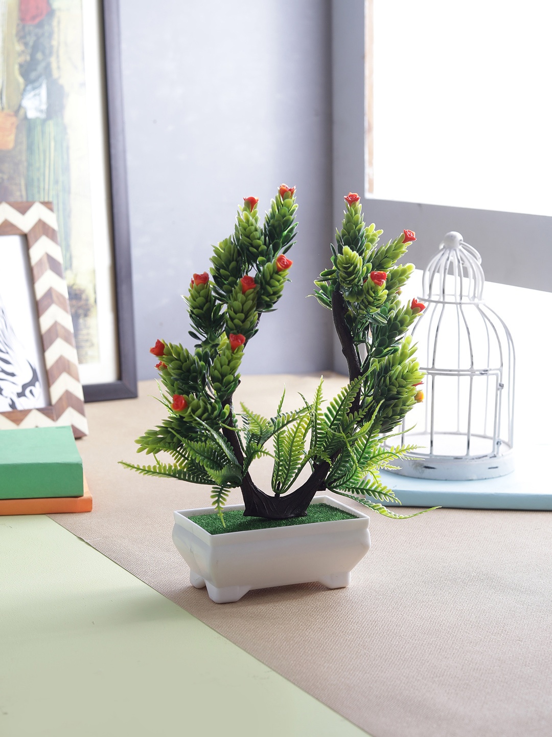 FOLIYAJ Green & Orange Artificial Plant With White Pot