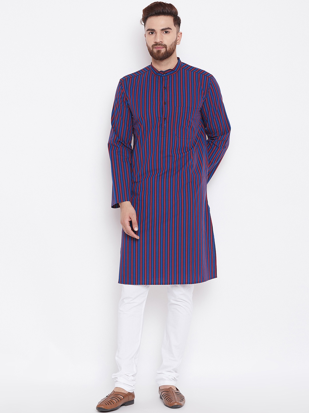 

even Men Blue & Red Striped Straight Kurta