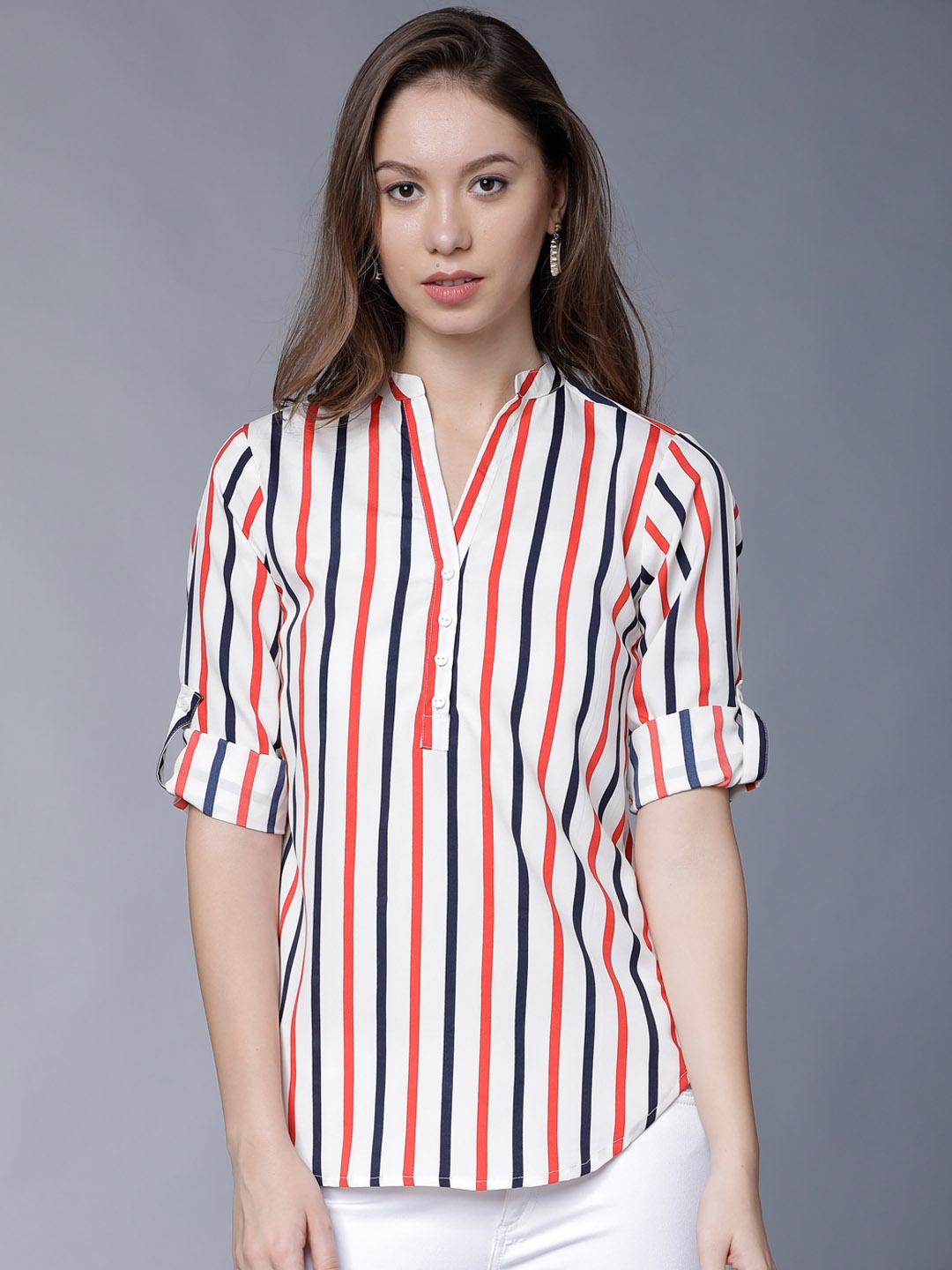 

Tokyo Talkies Women White Striped Shirt Style Top